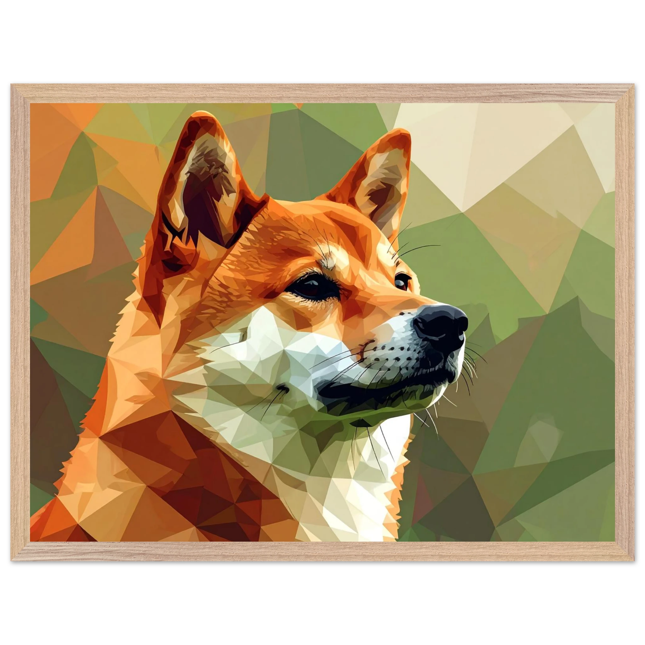 Shiba Inu Polygon Art Premium-Poster – Hundeliebe in leuchtenden Farben mit Holzrahmen-petllective