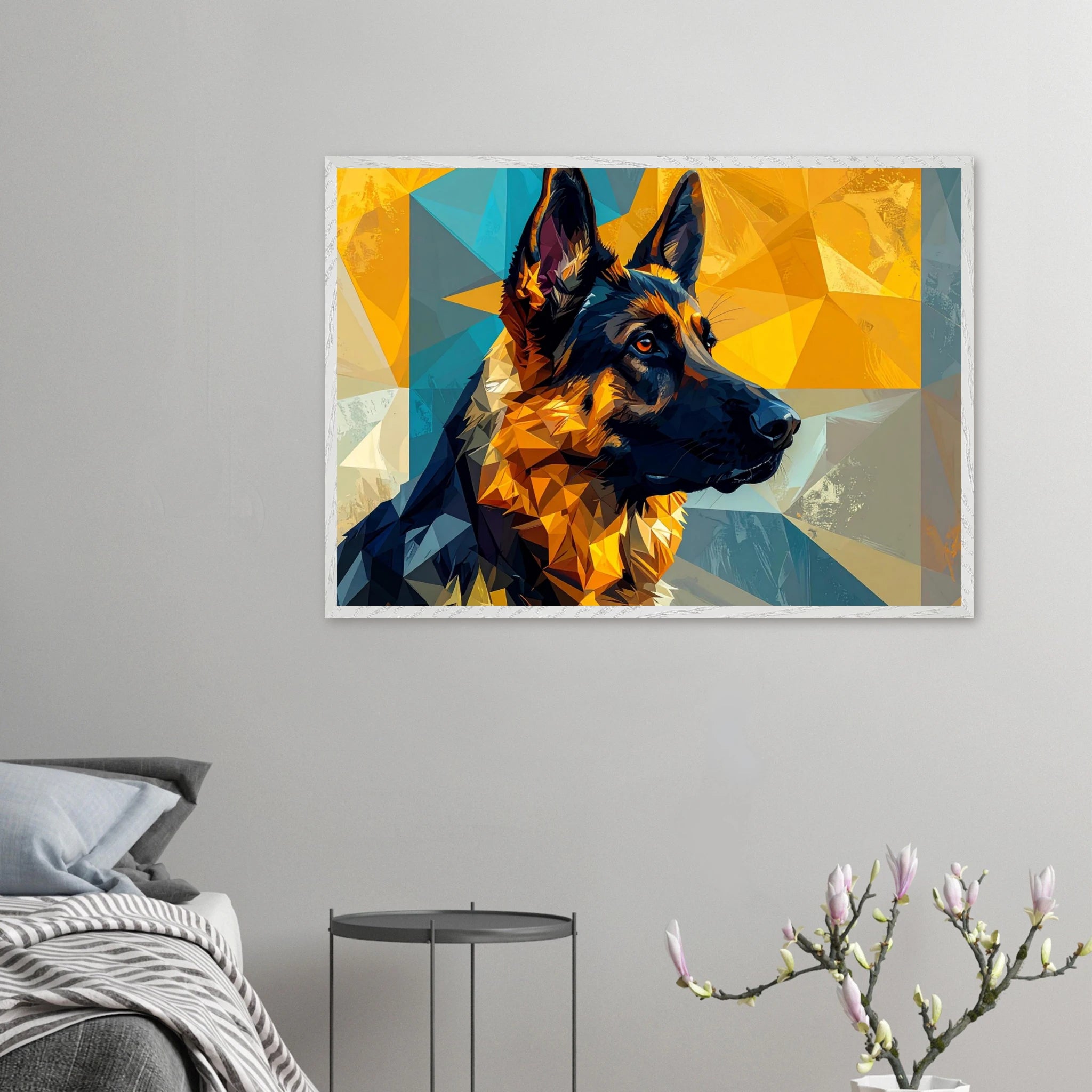 Geometrisches Schäferhund-Porträt: Premium-Poster mit Holzrahmen in deinem Stil-petllective