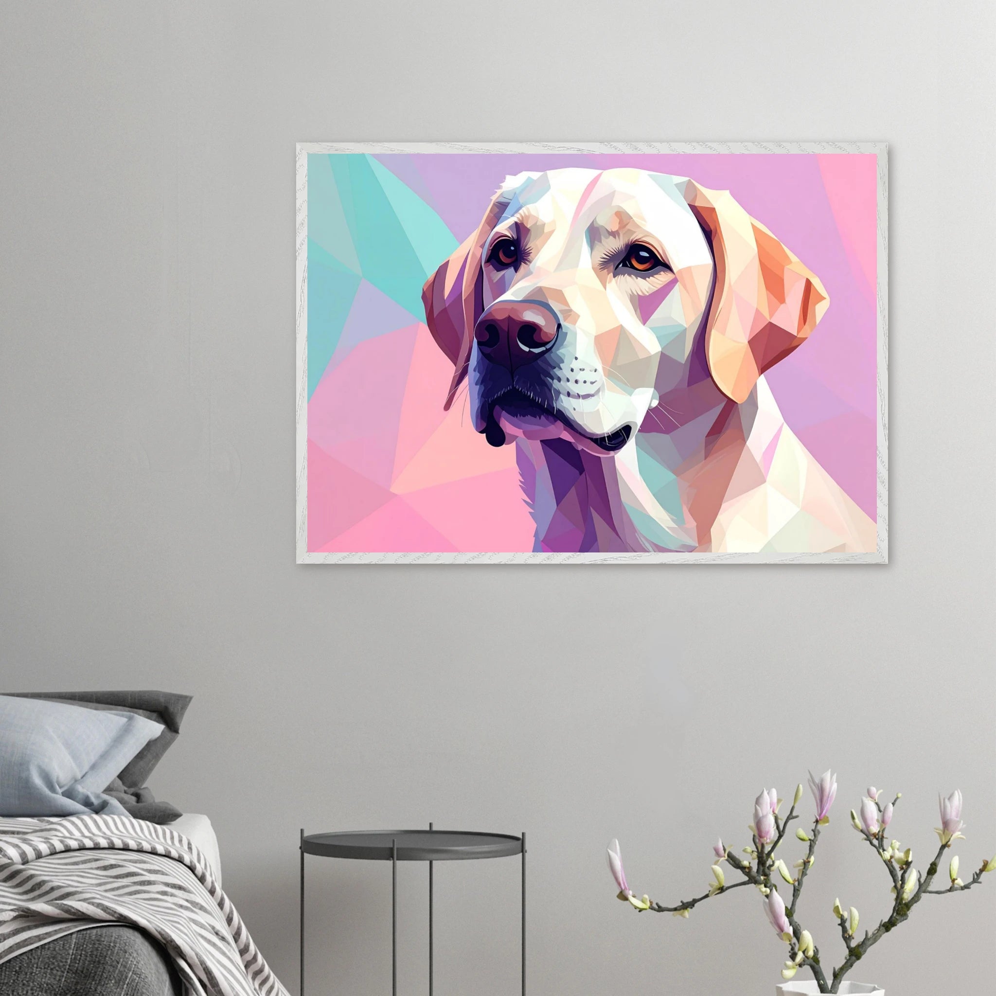 Labrador-Retriever-Portrait im Polygon-Stil: Premium-Poster mit Holzrahmen – Lebendige Farben-petllective
