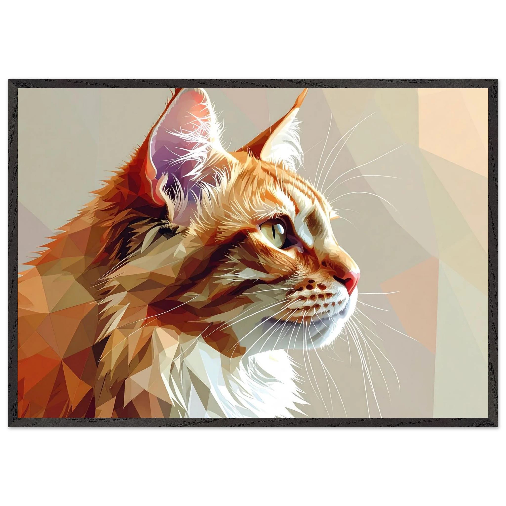 Abstraktes Katzenportrait Premium-Poster mit Rahmen – In orangefarbenem Polygon-Stil, in verschiedenen Größen und Rahmenfarben erhältlich-petllective