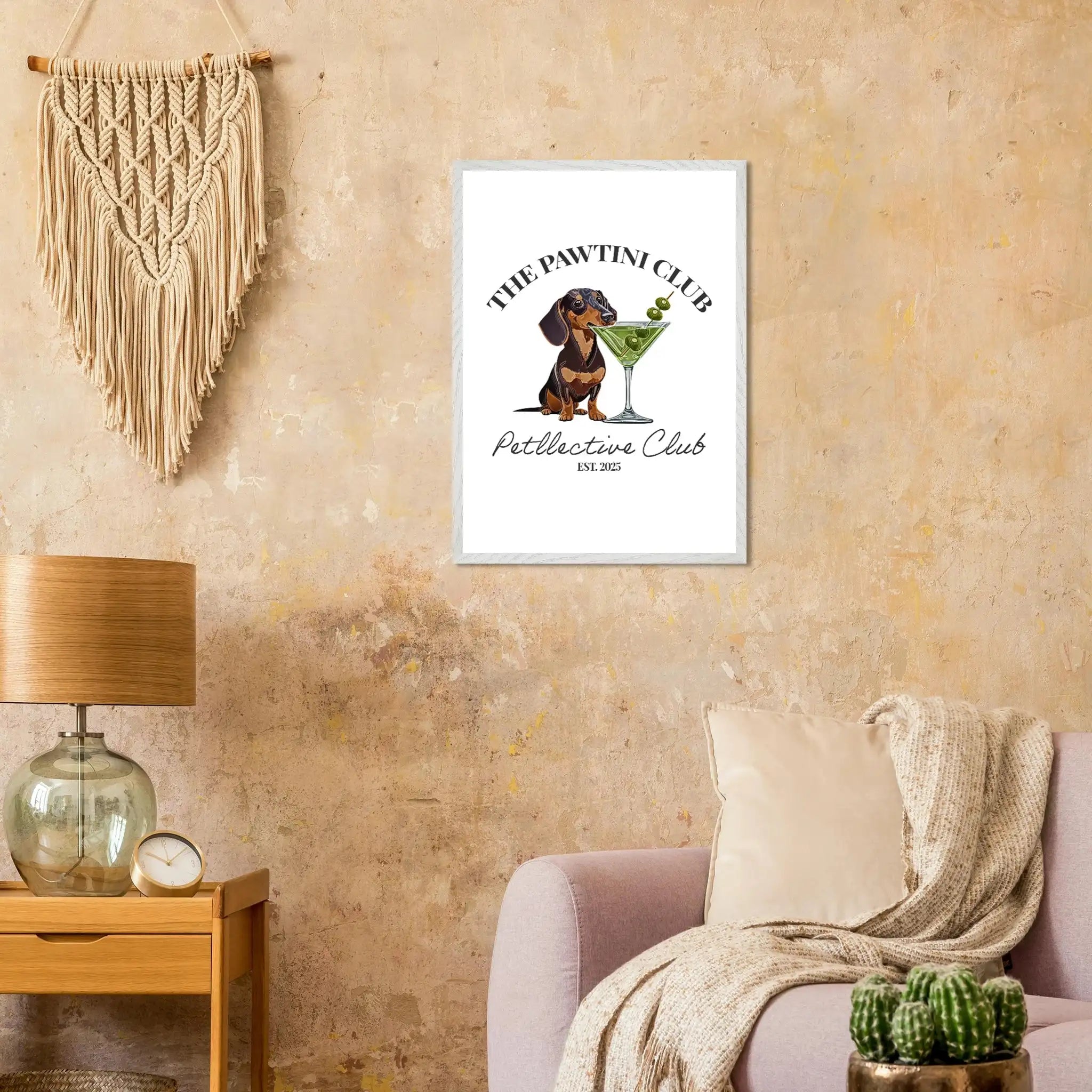 Wandbild Dackel Illustration „The Pawtini Club“ – Premium Poster mit Holzrahmen-petllective