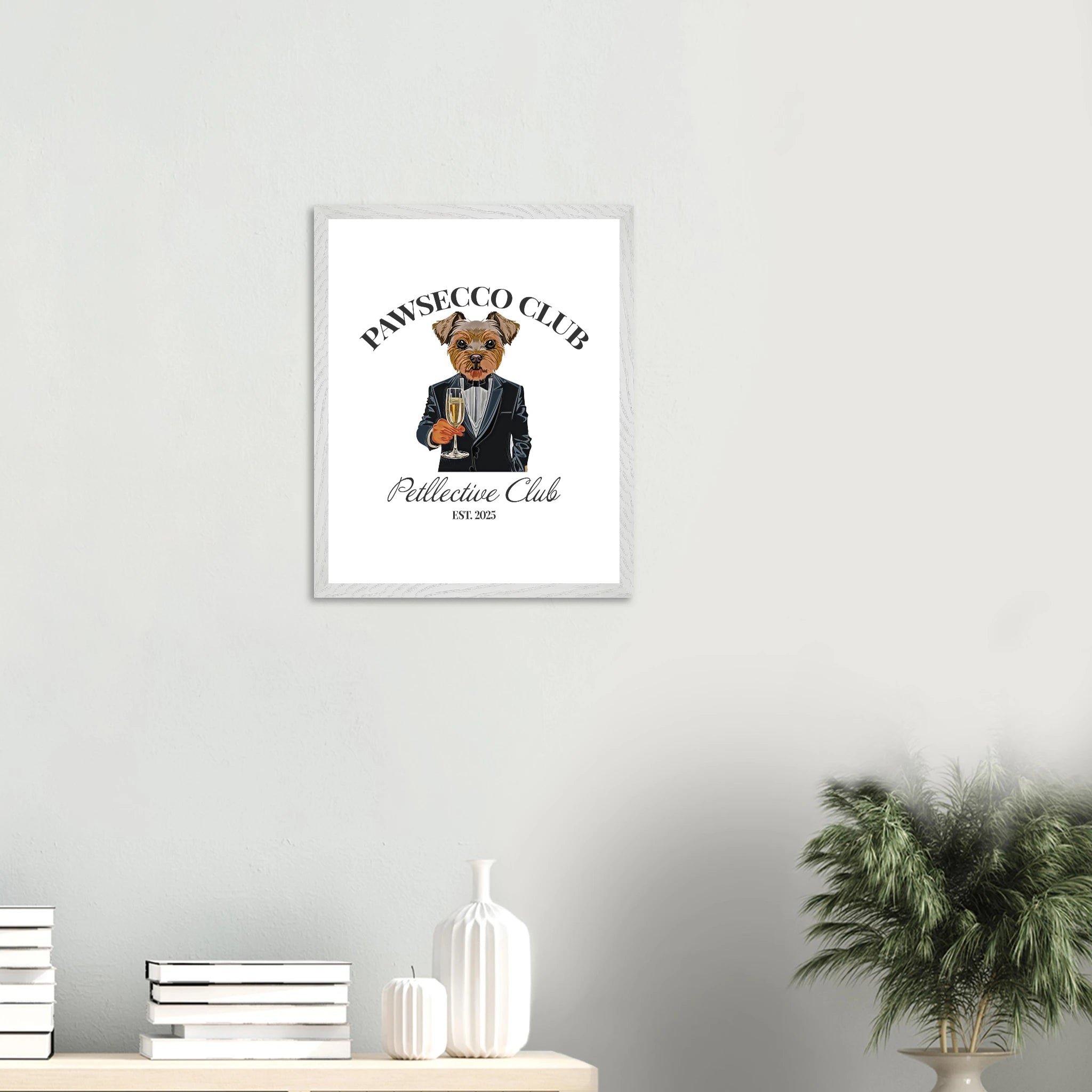 Wandbild Hund „Pawsecco Club“ – Premium Poster mit Holzrahmen-petllective