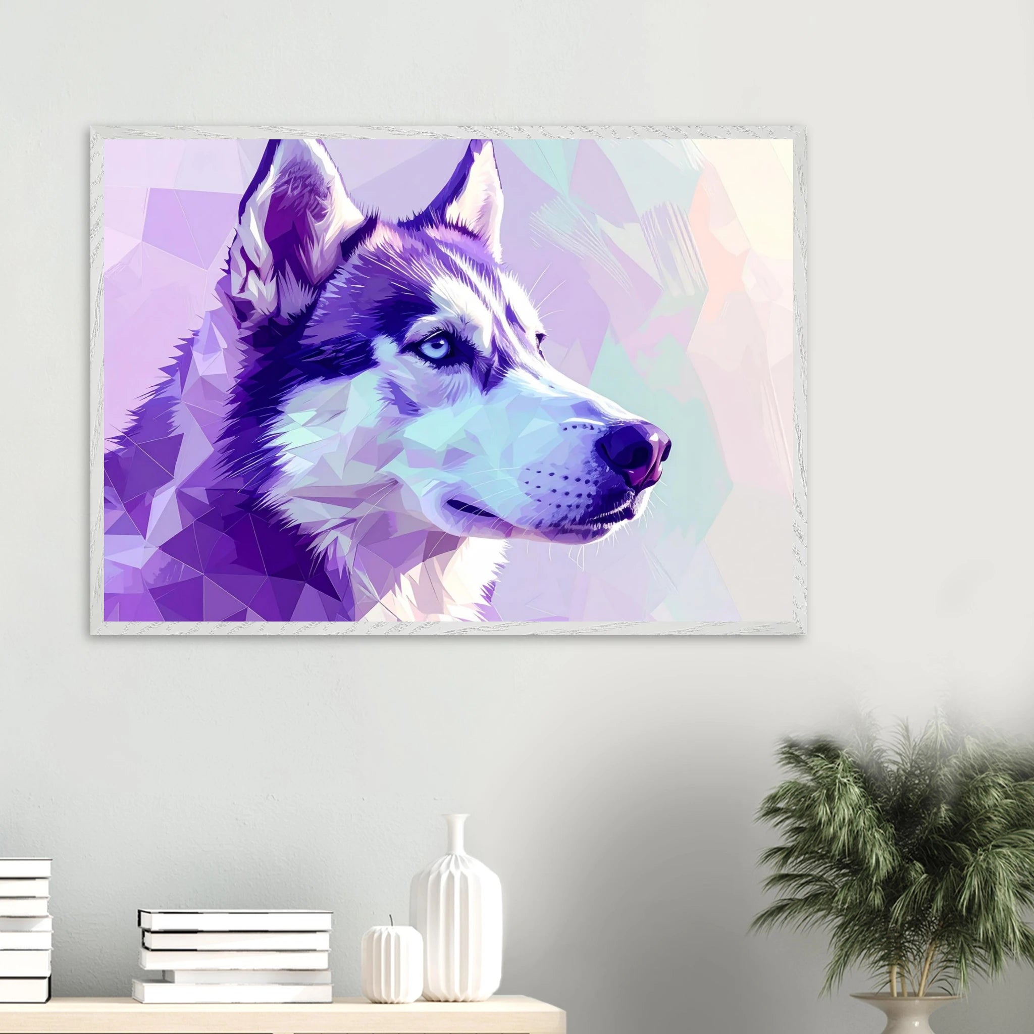 Abstrakter Husky-Portrait-Kunstdruck – Gerahmtes Premium-Poster in faszinierenden Lila-Tönen-petllective