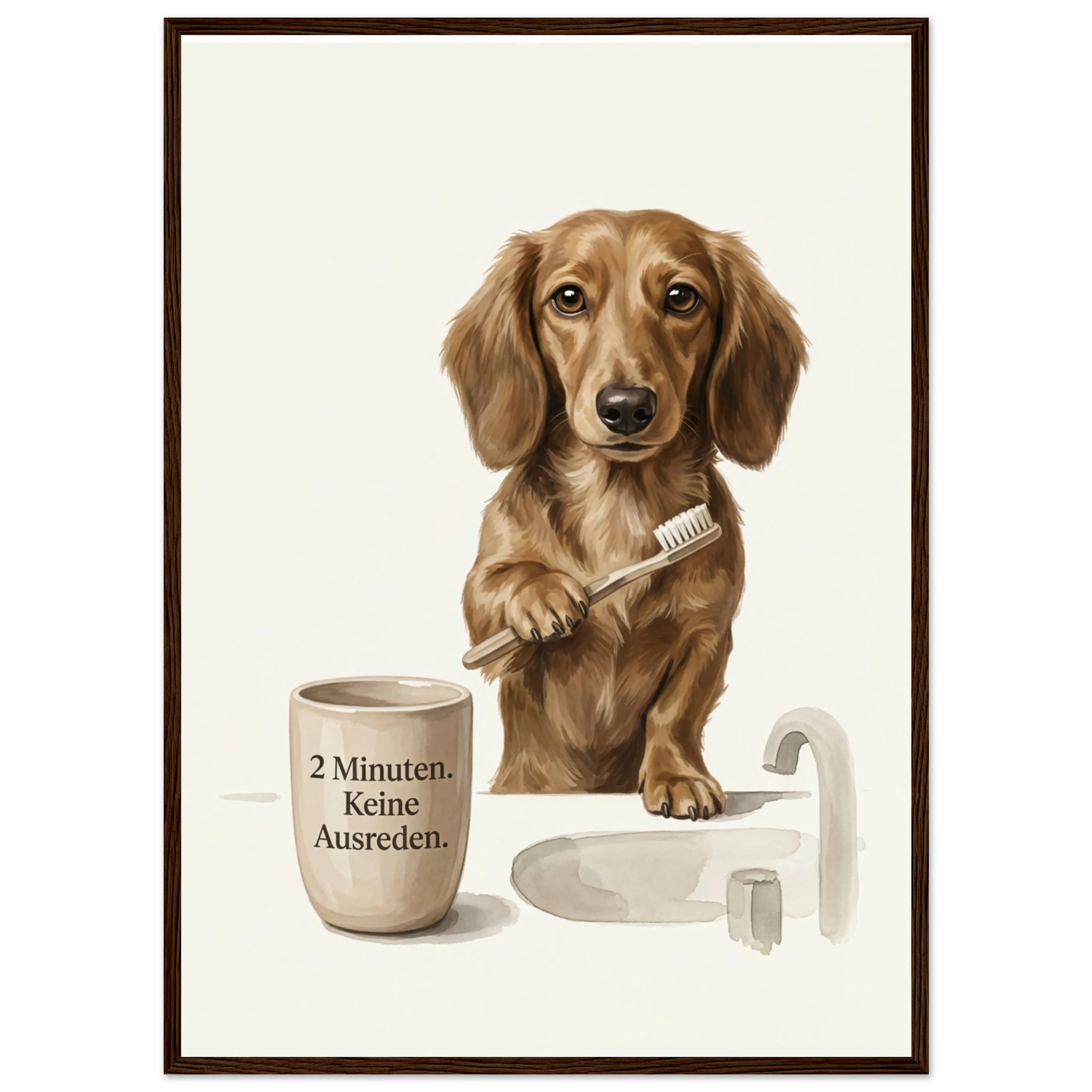 Gerahmtes Wandbild mit Dackel am Waschbecken, Zahnbürste in der Pfote, Illustration mit Text