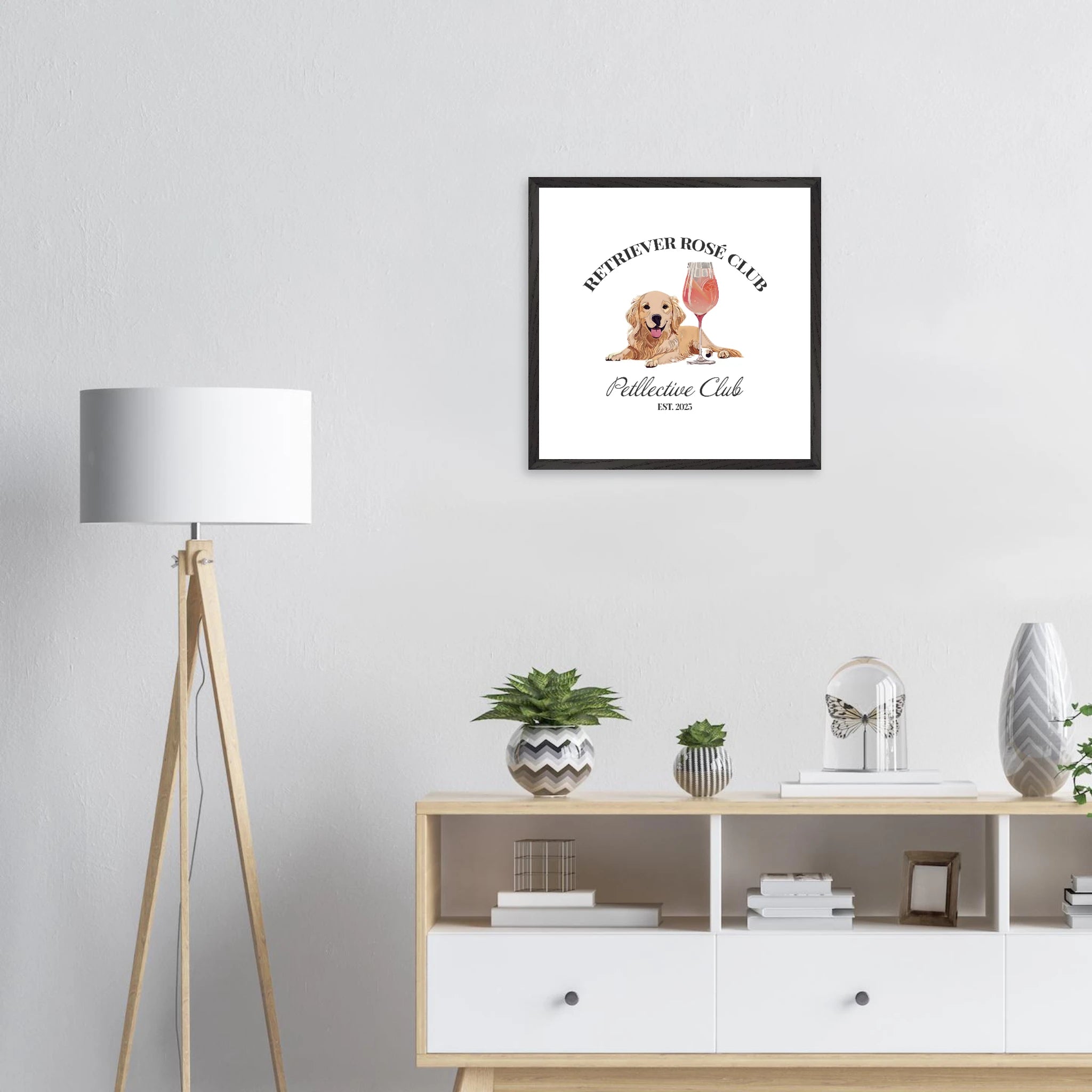 Retriever Rosé Club Wandbild – Hund Illustration im Premium Holzrahmen-petllective