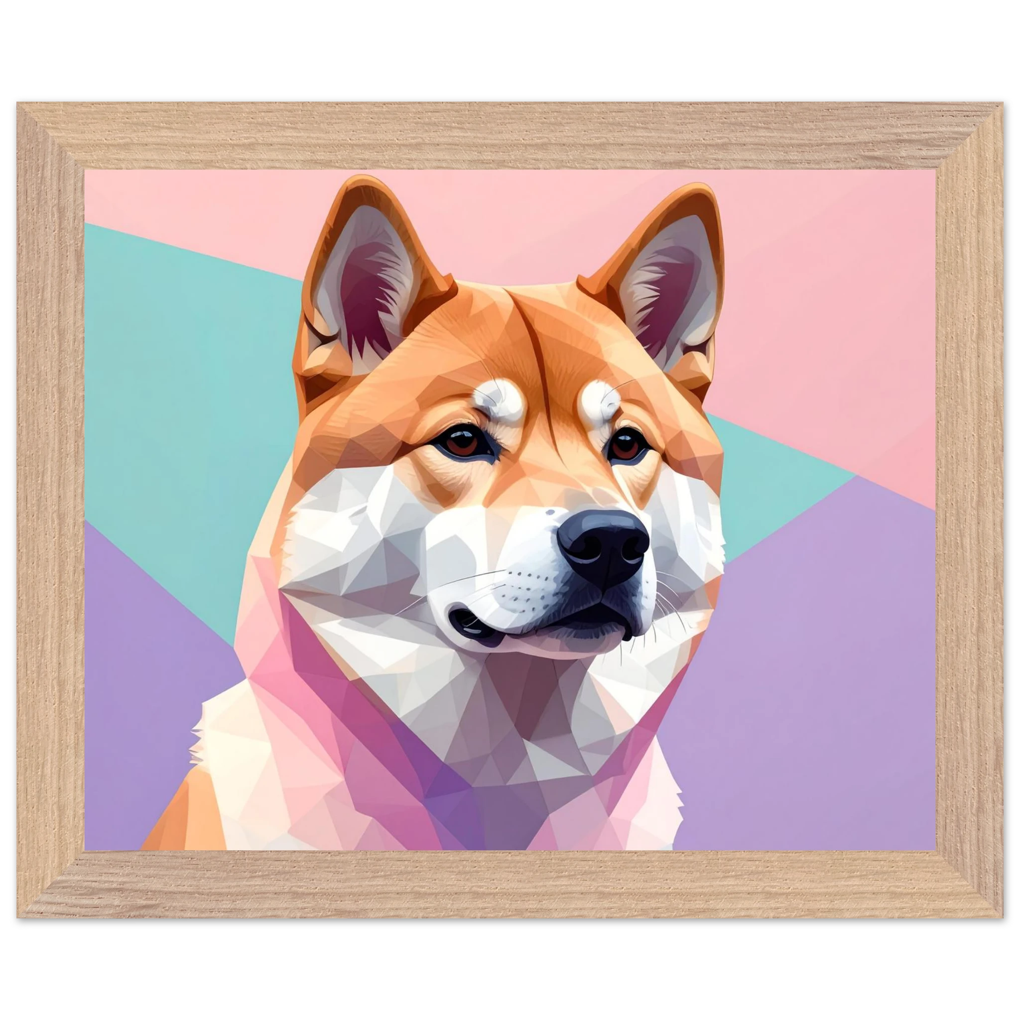 Abstrakter Shiba Inu: Gerahmtes Premium-Poster mit lebendigen geometrischen Formen in Pastellfarben-petllective