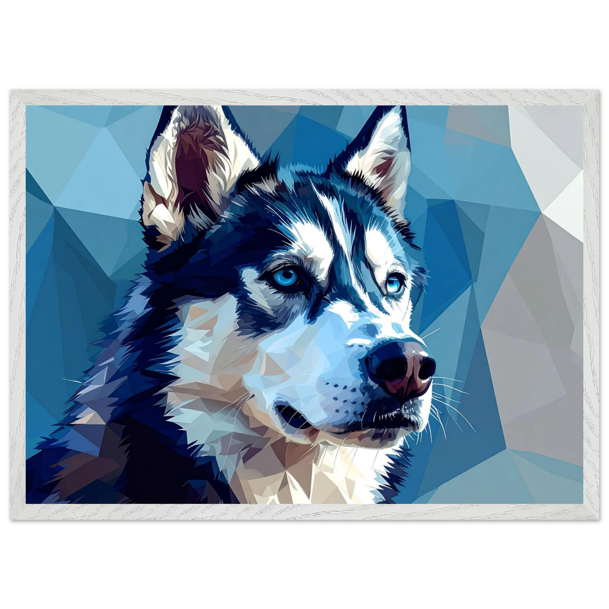 Abstrakter Husky: Premium-Poster mit Rahmen – Leuchtende Augen im geometrischen Design-petllective