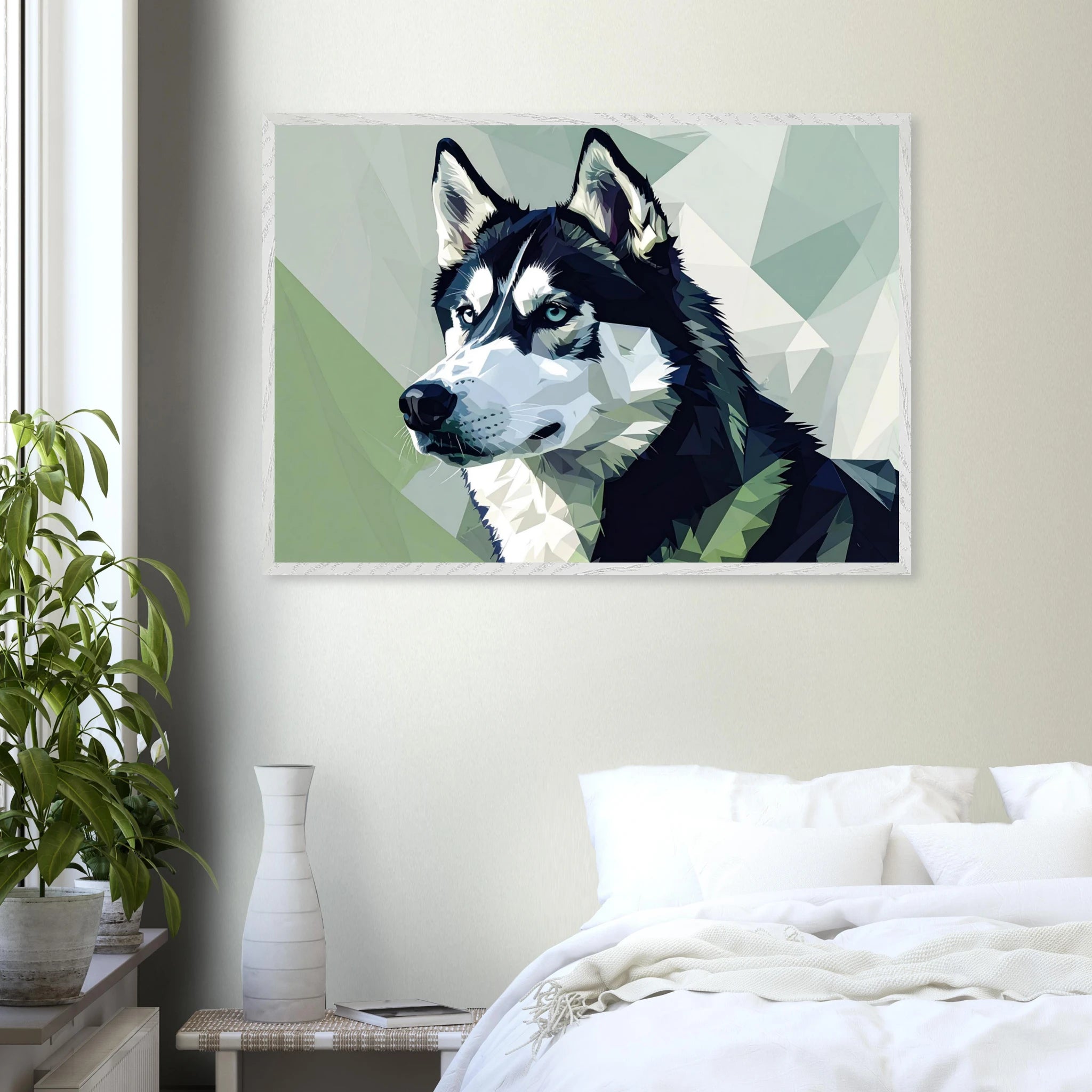 Abstraktes Husky-Porträt – Gerahmtes Premium-Poster mit lebendigen Farben und dezentem Glanz-petllective
