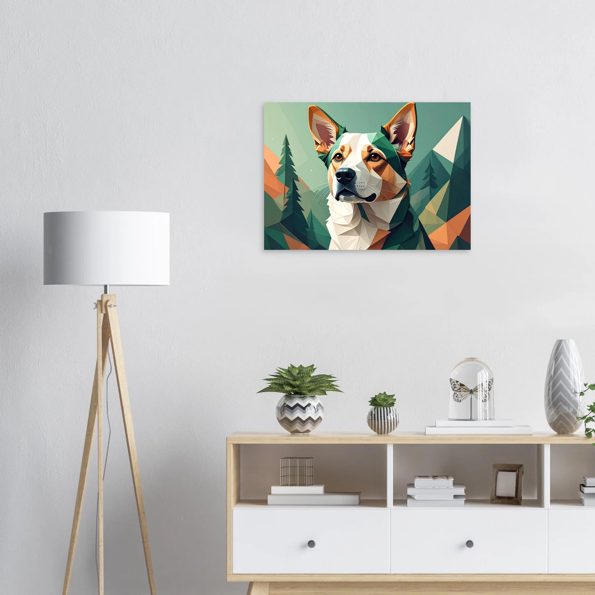 Hund mit Bergpanorama Kunstdruck Wandbild – Geometrische Tierkunst-petllective