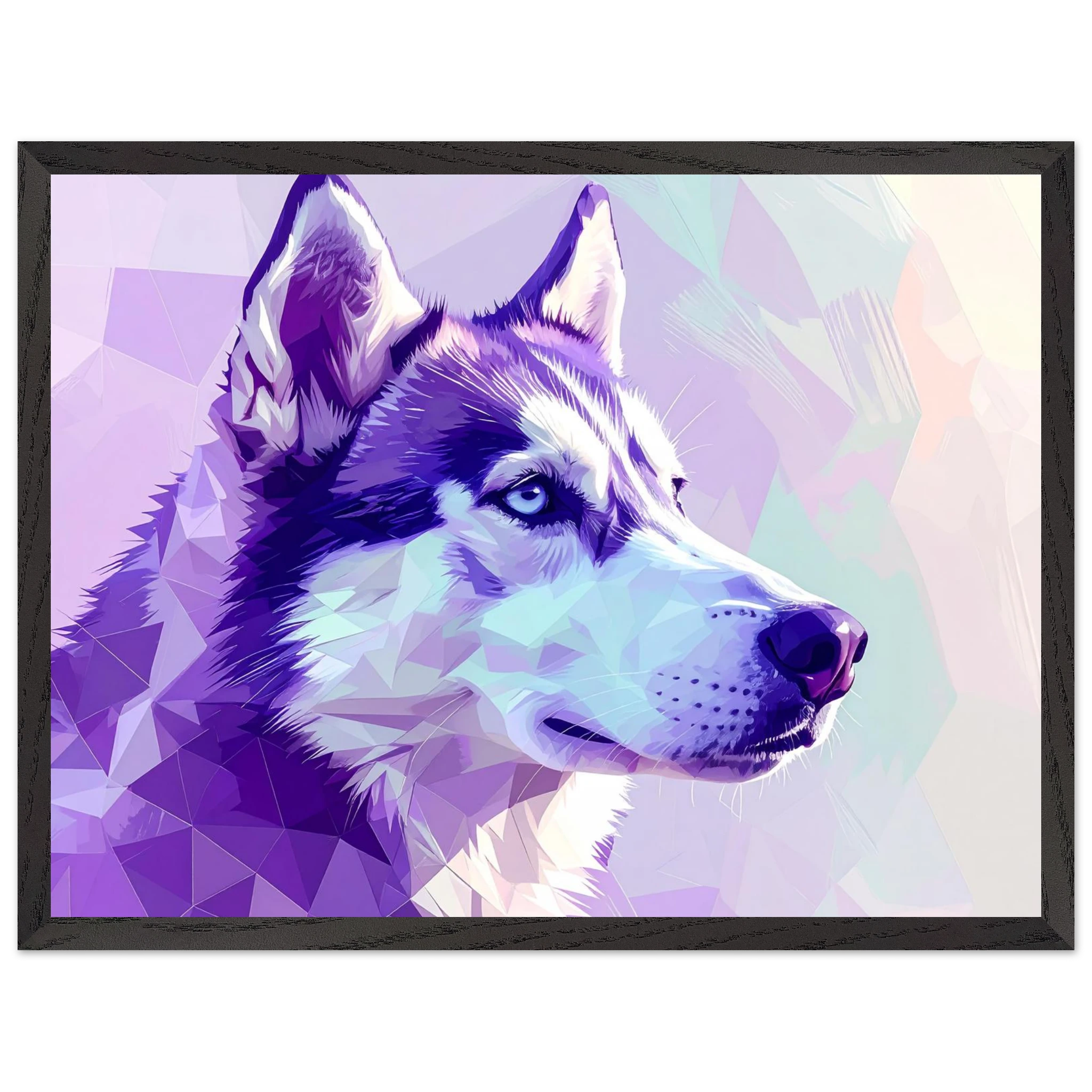 Abstrakter Husky-Portrait-Kunstdruck – Gerahmtes Premium-Poster in faszinierenden Lila-Tönen-petllective
