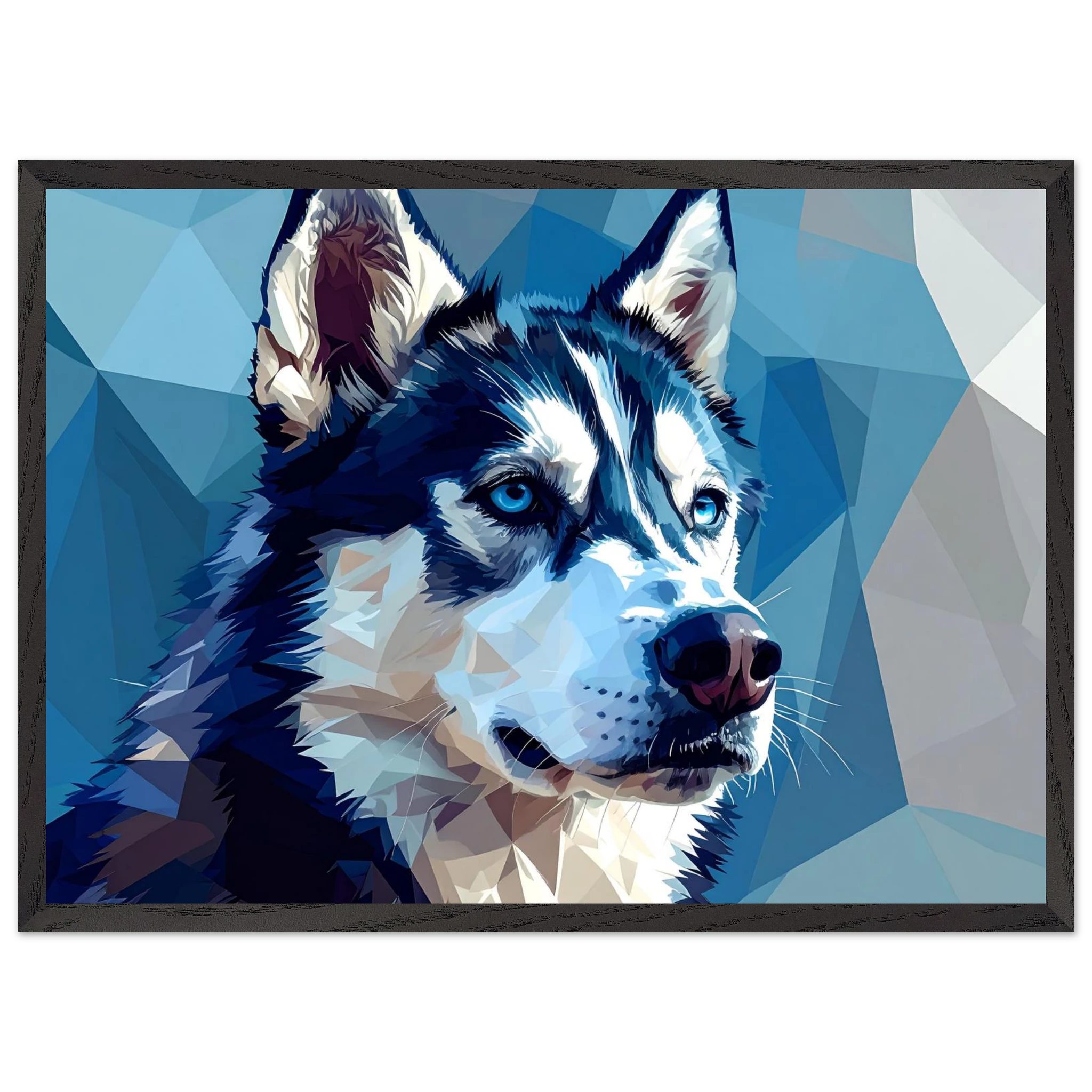 Abstrakter Husky: Premium-Poster mit Rahmen – Leuchtende Augen im geometrischen Design-petllective