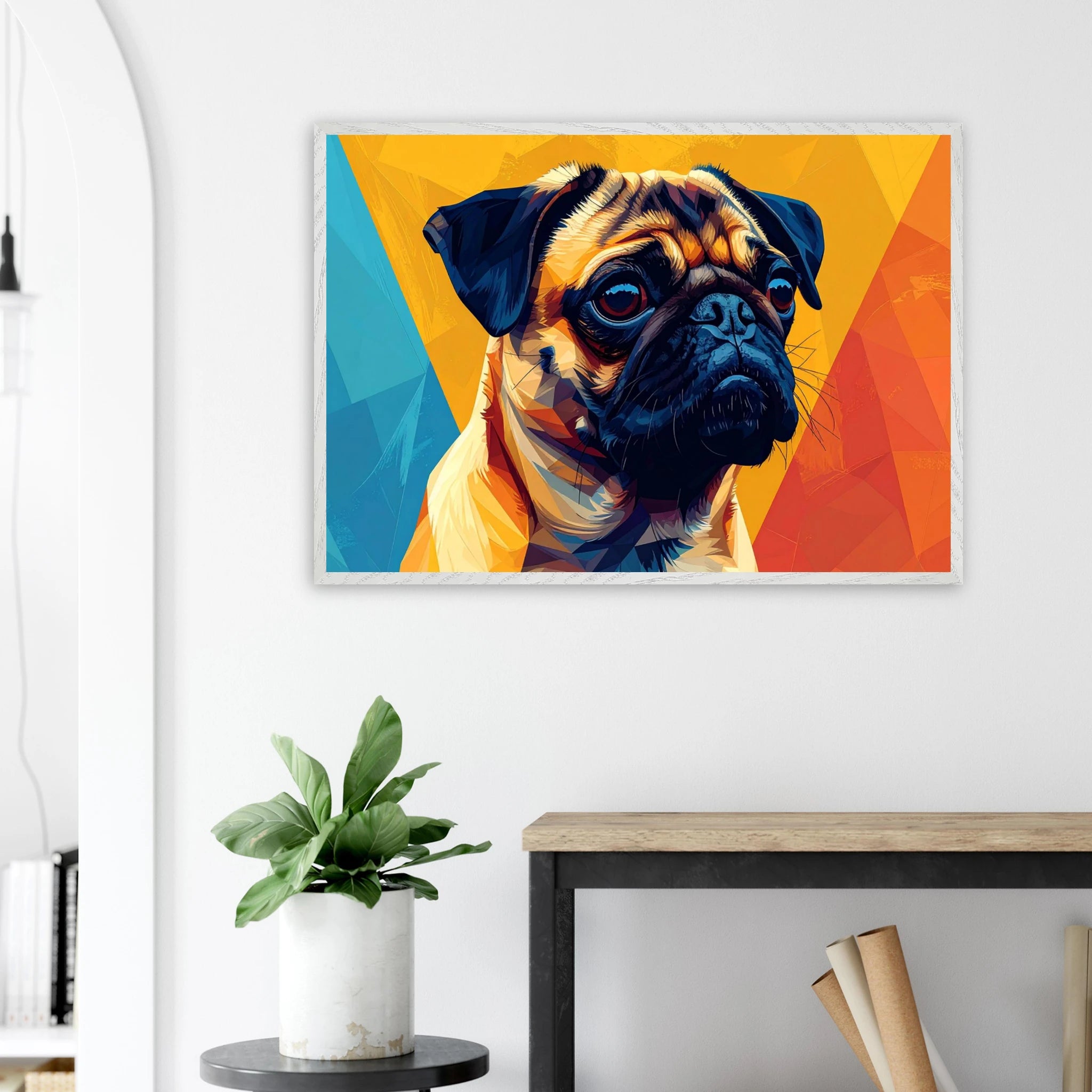 Abstrakter Mops-Kunstdruck: Premium-Poster mit Holzrahmen in leuchtendem, modernem Stil-petllective
