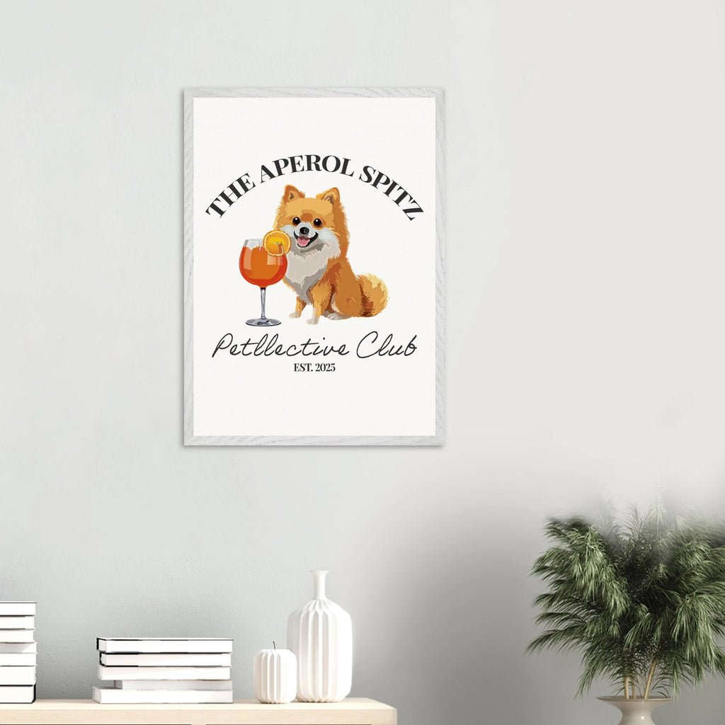 Wandbild Hund Illustration „Aperol Spitz“ – Premium Poster im Holzrahmen-petllective