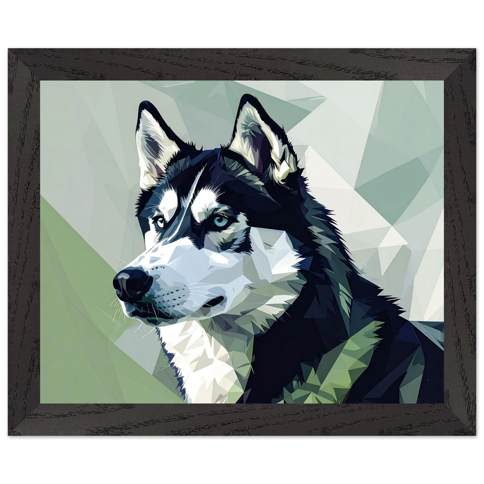 Abstraktes Husky-Porträt – Gerahmtes Premium-Poster mit lebendigen Farben und dezentem Glanz-petllective