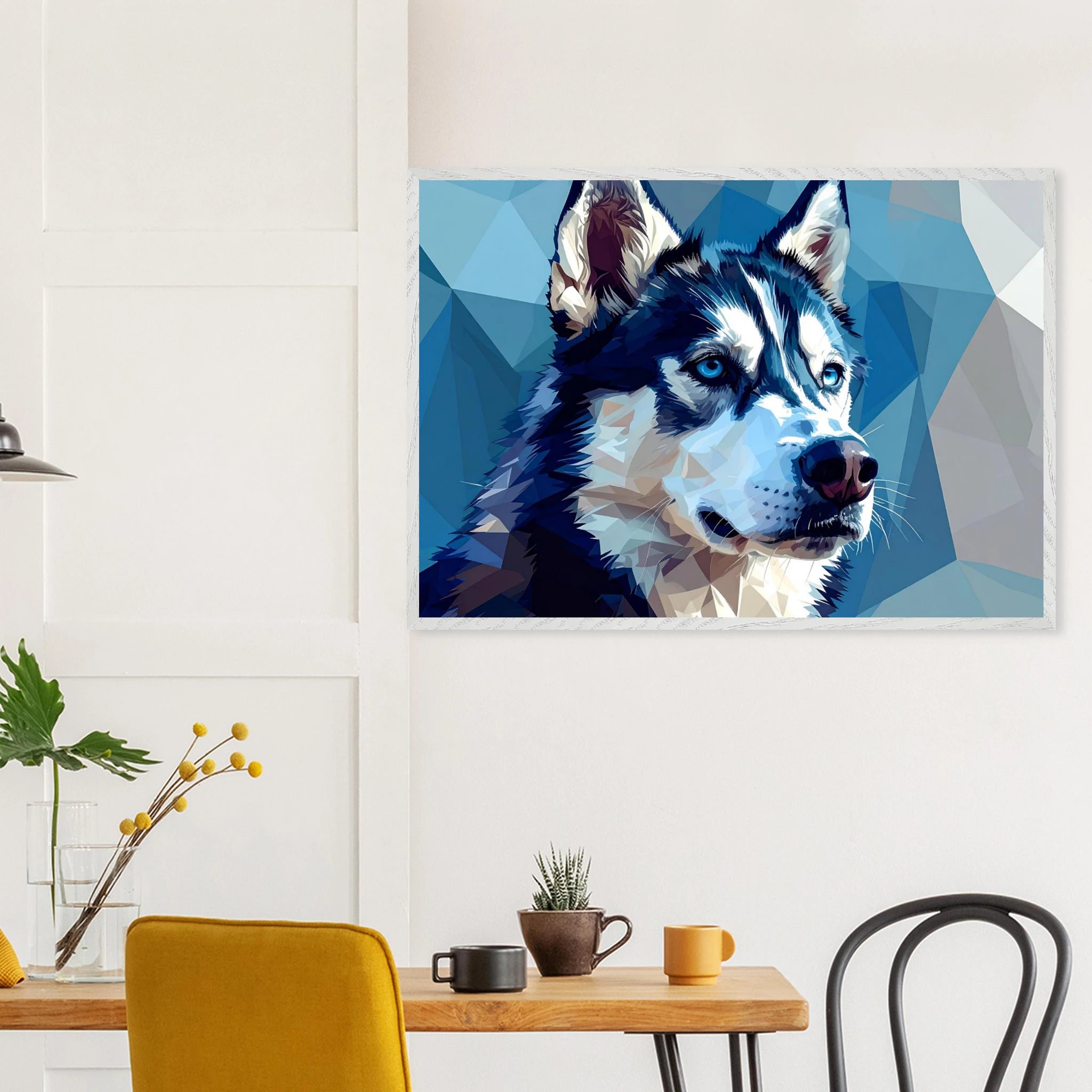 Abstrakter Husky: Premium-Poster mit Rahmen – Leuchtende Augen im geometrischen Design-petllective
