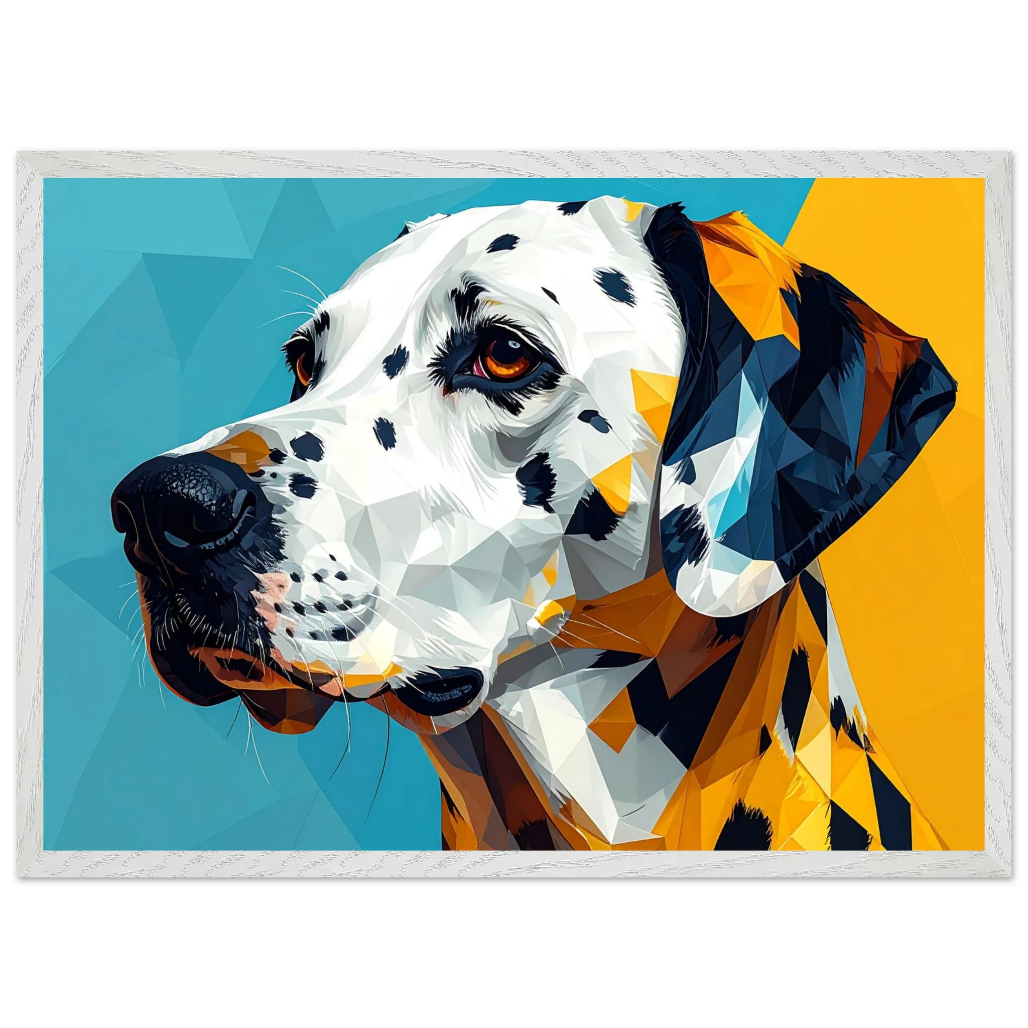 Abstraktes Dalmatiner-Portrait: Gerahmtes Premium-Poster in lebendigem Blau-Gelb-petllective
