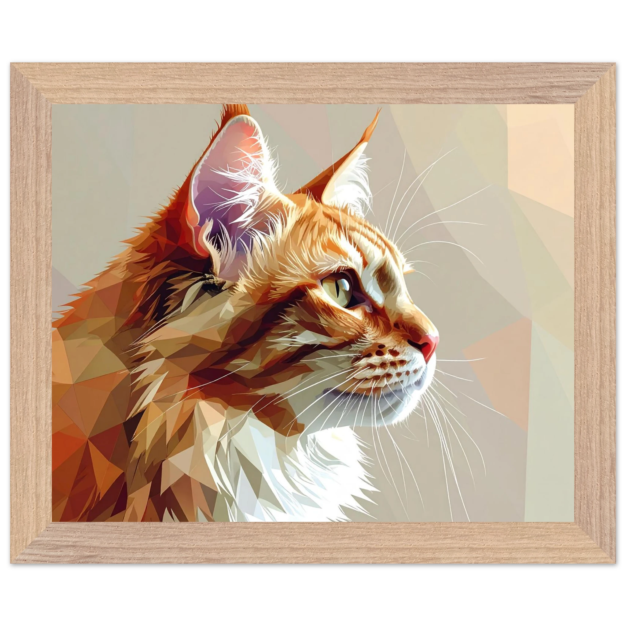 Abstraktes Katzenportrait Premium-Poster mit Rahmen – In orangefarbenem Polygon-Stil, in verschiedenen Größen und Rahmenfarben erhältlich-petllective