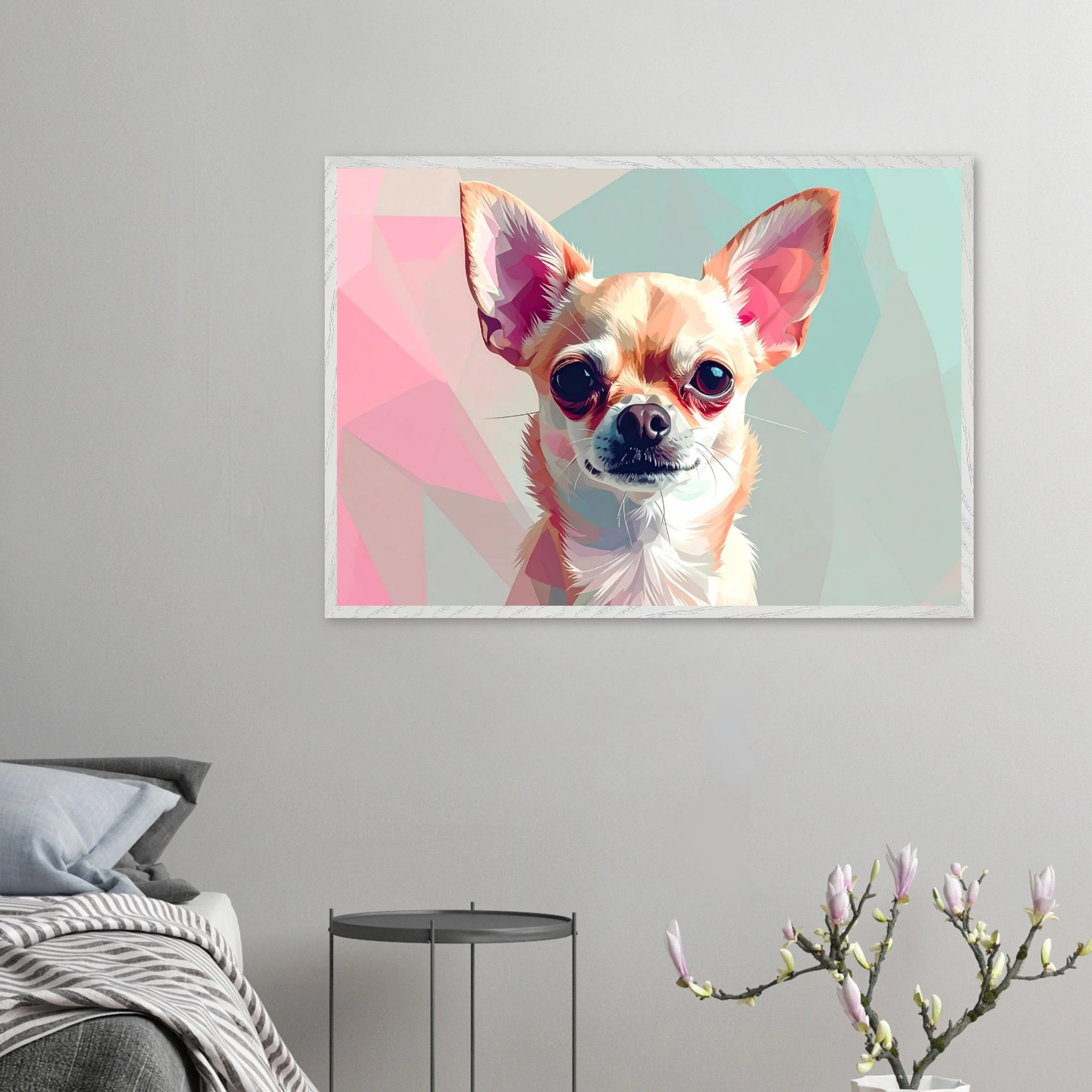 Abstrakte Chihuahua Kunst – Premium gerahmtes Poster mit lebendigen Farben und drei Rahmenoptionen