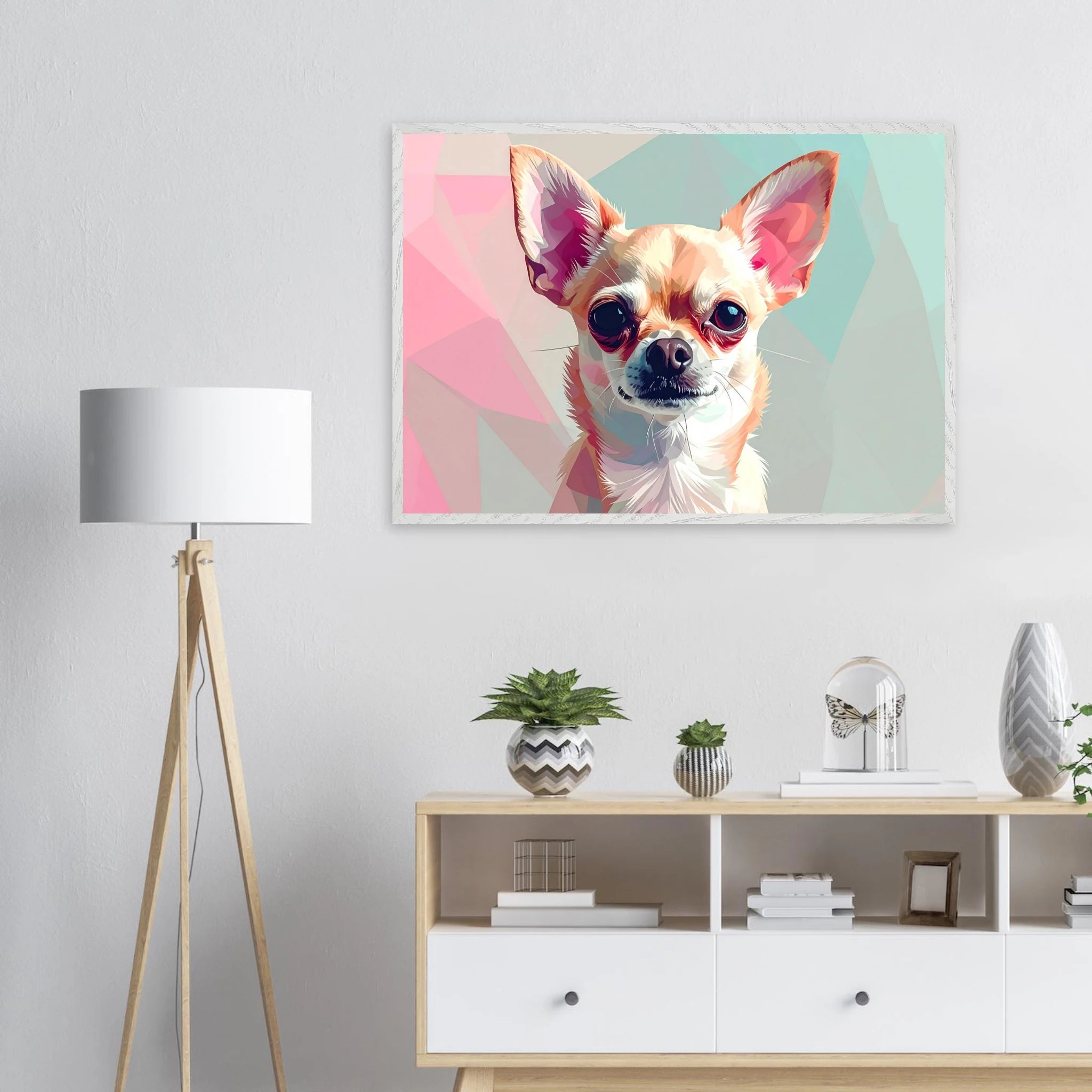 Abstrakte Chihuahua Kunst – Premium gerahmtes Poster mit lebendigen Farben und drei Rahmenoptionen