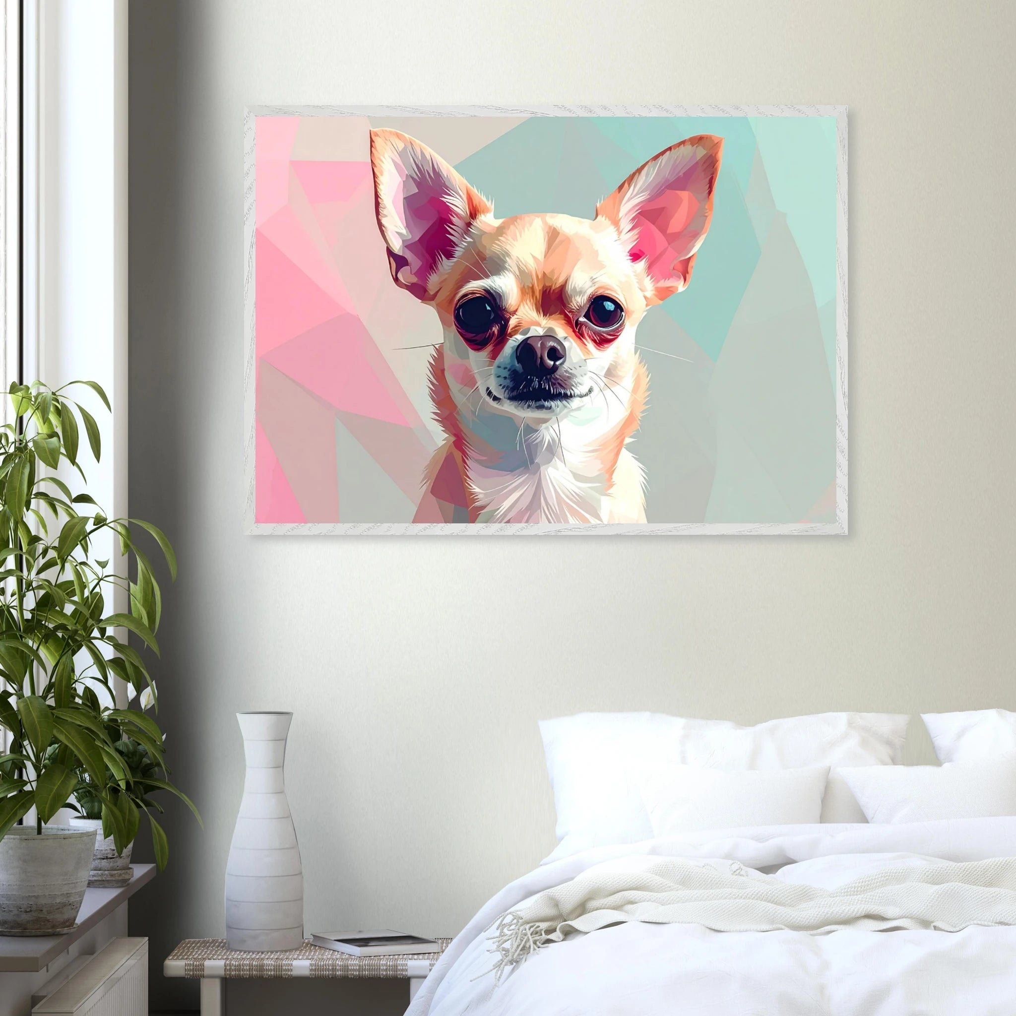 Abstrakte Chihuahua Kunst – Premium gerahmtes Poster mit lebendigen Farben und drei Rahmenoptionen