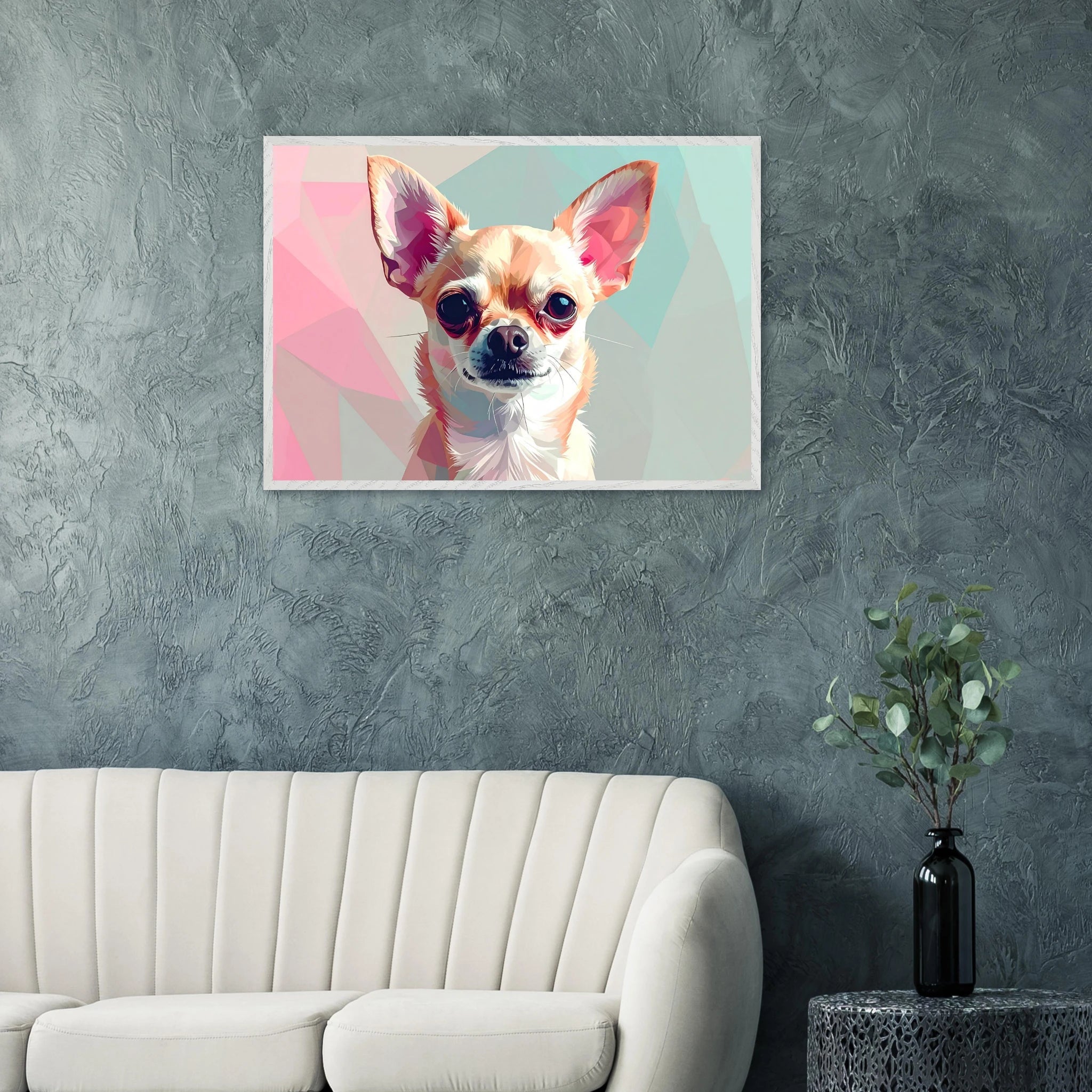 Abstrakte Chihuahua Kunst – Premium gerahmtes Poster mit lebendigen Farben und drei Rahmenoptionen