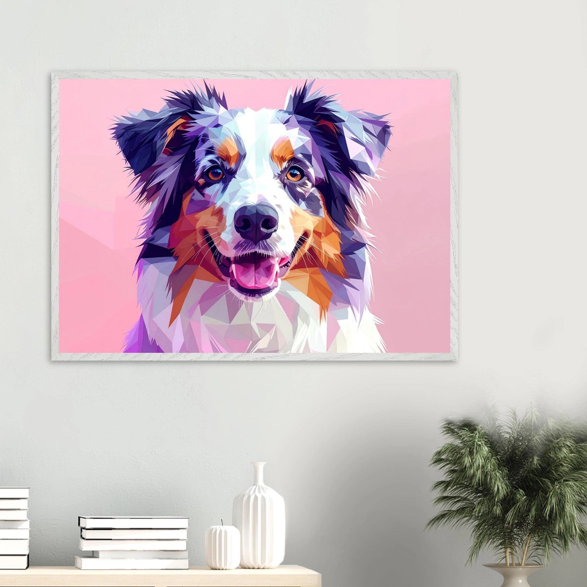 Abstrakte Hundekunst: Premium-Poster aus halbmattem Papier mit Holzrahmen – Lebendige Polygondrucke für Tierliebhaber