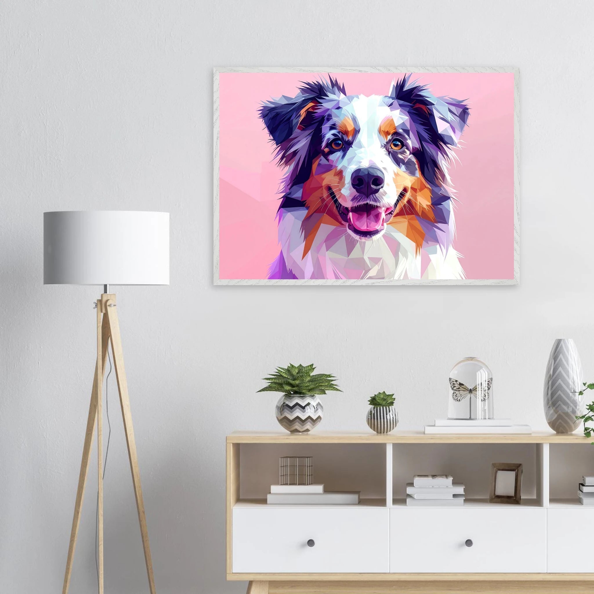 Abstrakte Hundekunst: Premium-Poster aus halbmattem Papier mit Holzrahmen – Lebendige Polygondrucke für Tierliebhaber