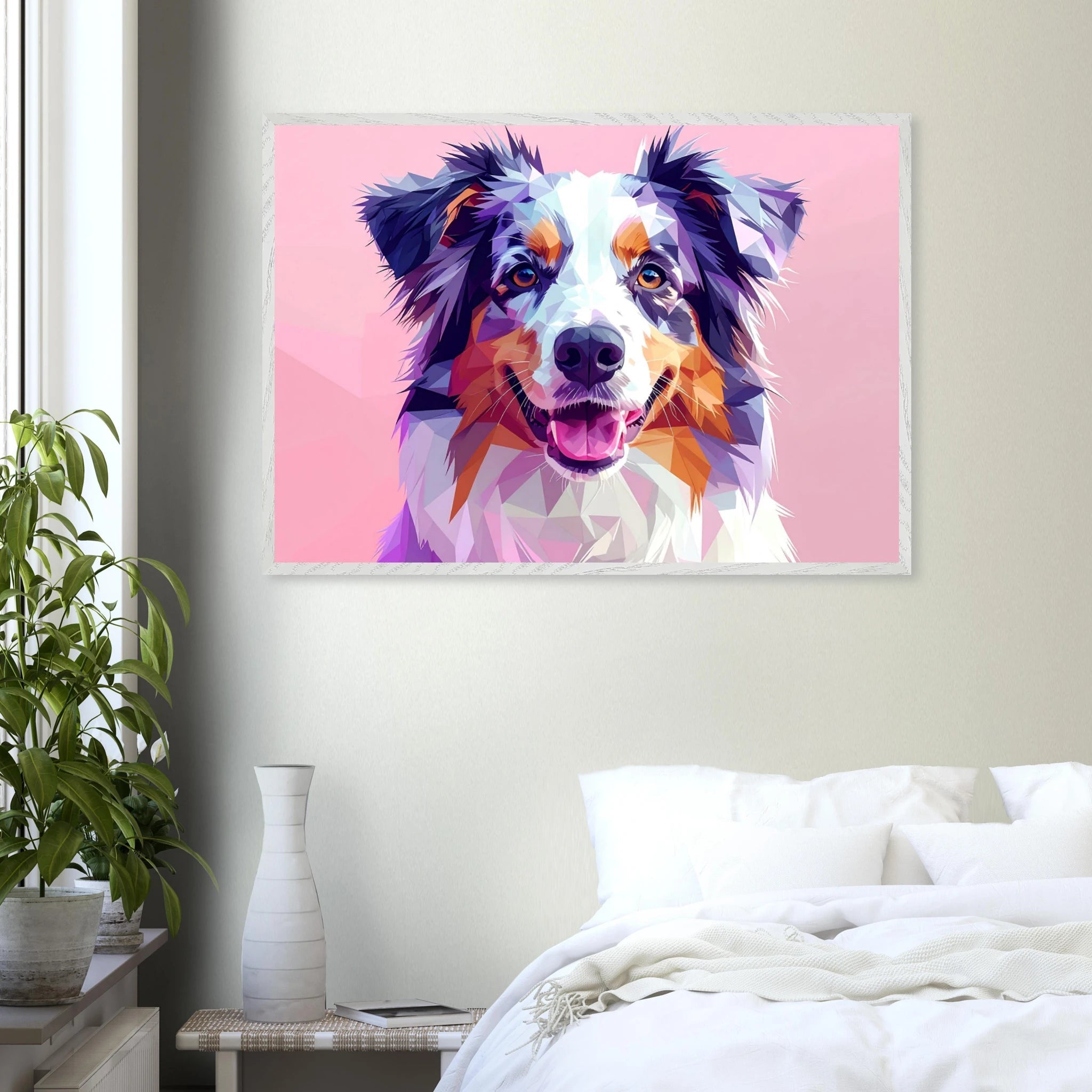 Abstrakte Hundekunst: Premium-Poster aus halbmattem Papier mit Holzrahmen – Lebendige Polygondrucke für Tierliebhaber