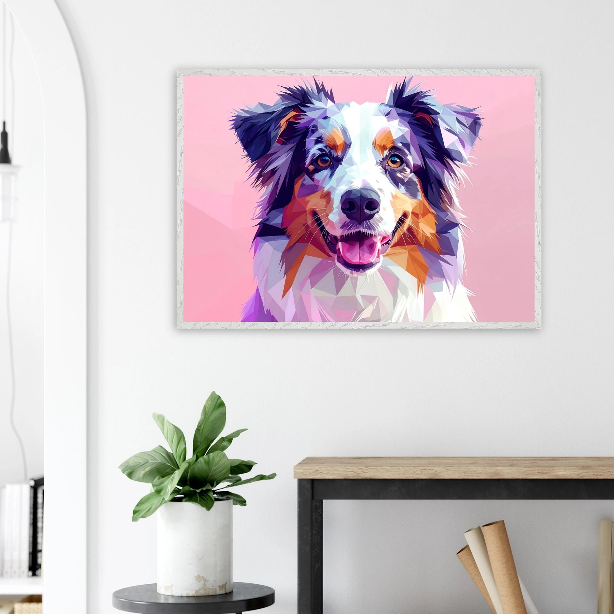 Abstrakte Hundekunst: Premium-Poster aus halbmattem Papier mit Holzrahmen – Lebendige Polygondrucke für Tierliebhaber
