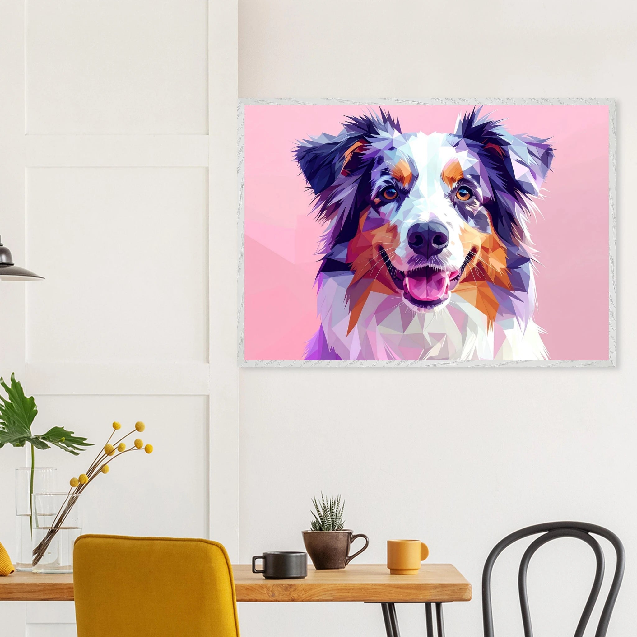 Abstrakte Hundekunst: Premium-Poster aus halbmattem Papier mit Holzrahmen – Lebendige Polygondrucke für Tierliebhaber