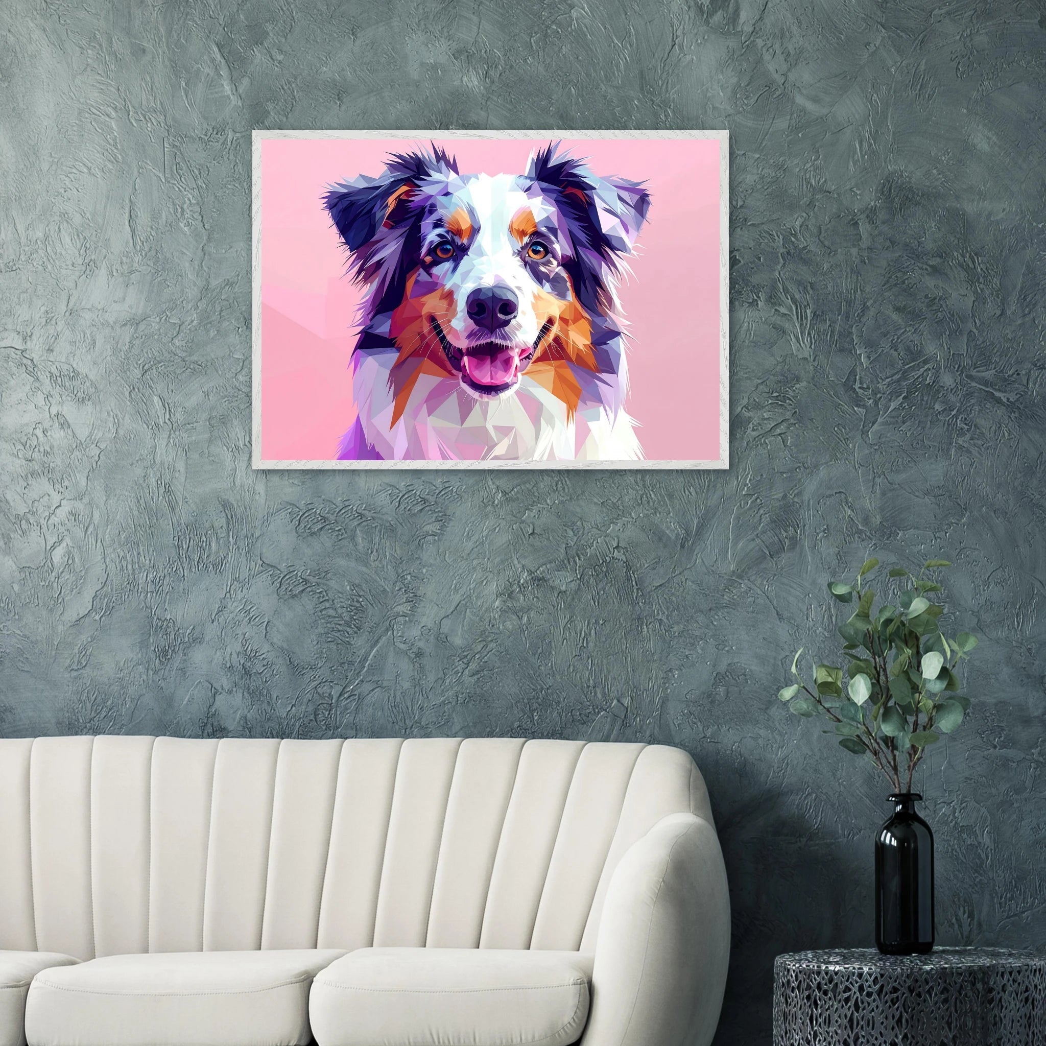 Abstrakte Hundekunst: Premium-Poster aus halbmattem Papier mit Holzrahmen – Lebendige Polygondrucke für Tierliebhaber