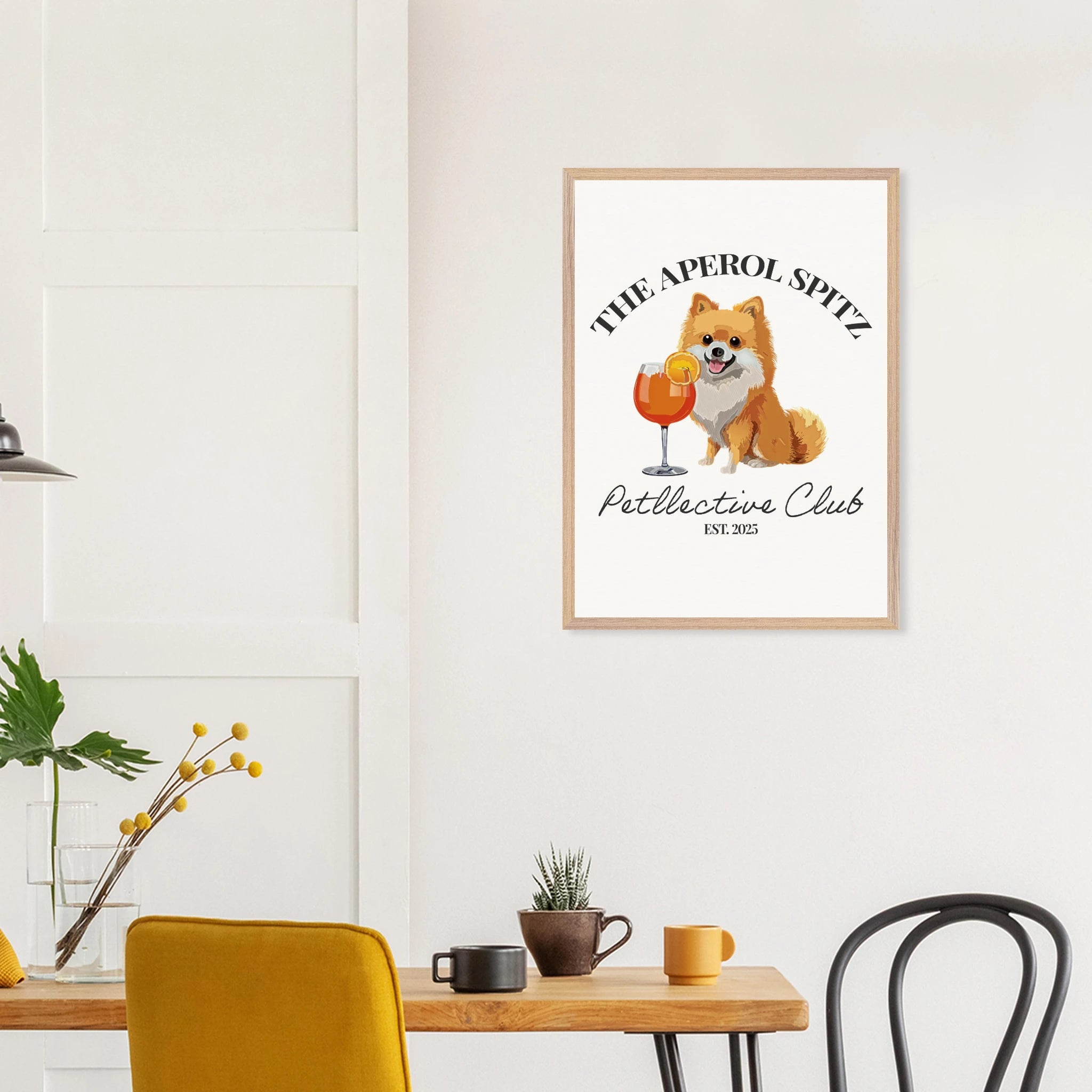 Wandbild Hund Illustration „Aperol Spitz“ – Premium Poster im Holzrahmen-petllective