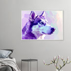 Abstrakter Husky-Portrait-Kunstdruck – Gerahmtes Premium-Poster in faszinierenden Lila-Tönen-petllective