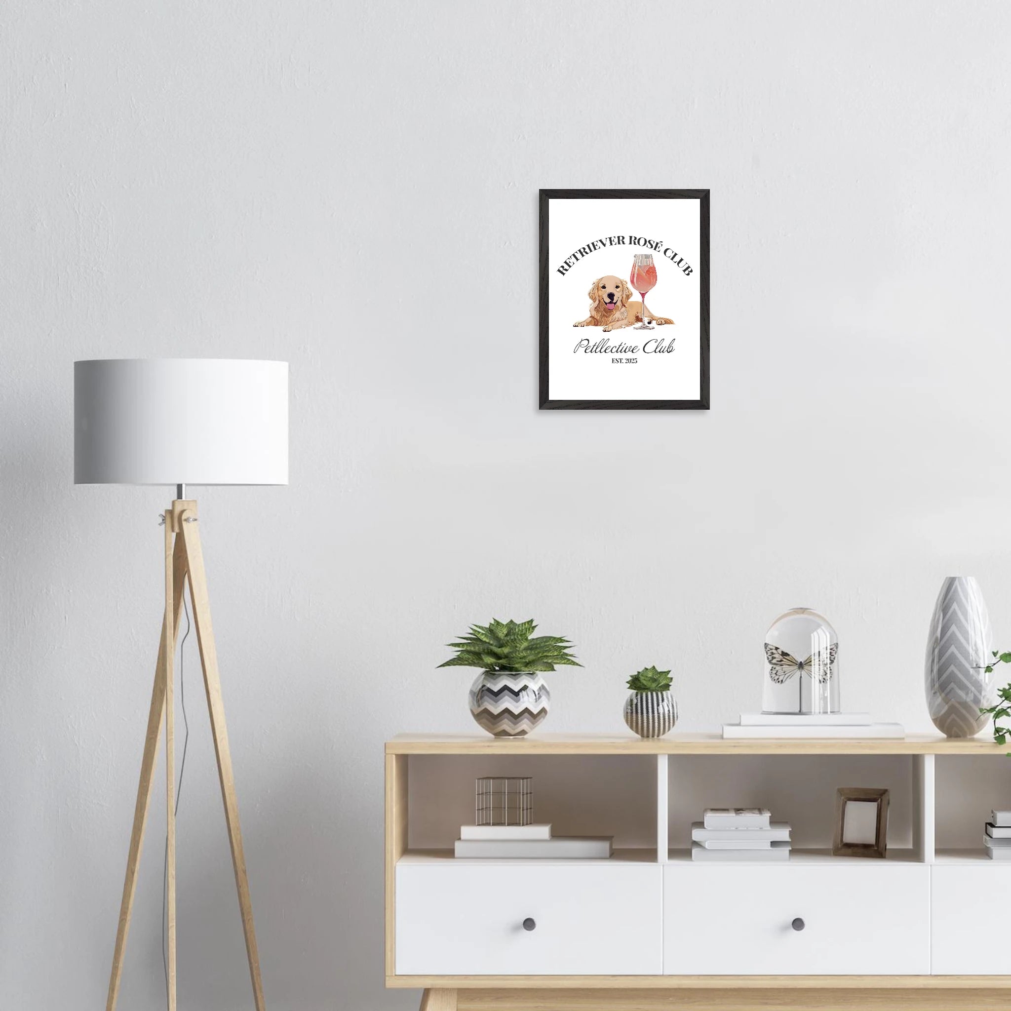 Retriever Rosé Club Wandbild – Hund Illustration im Premium Holzrahmen-petllective