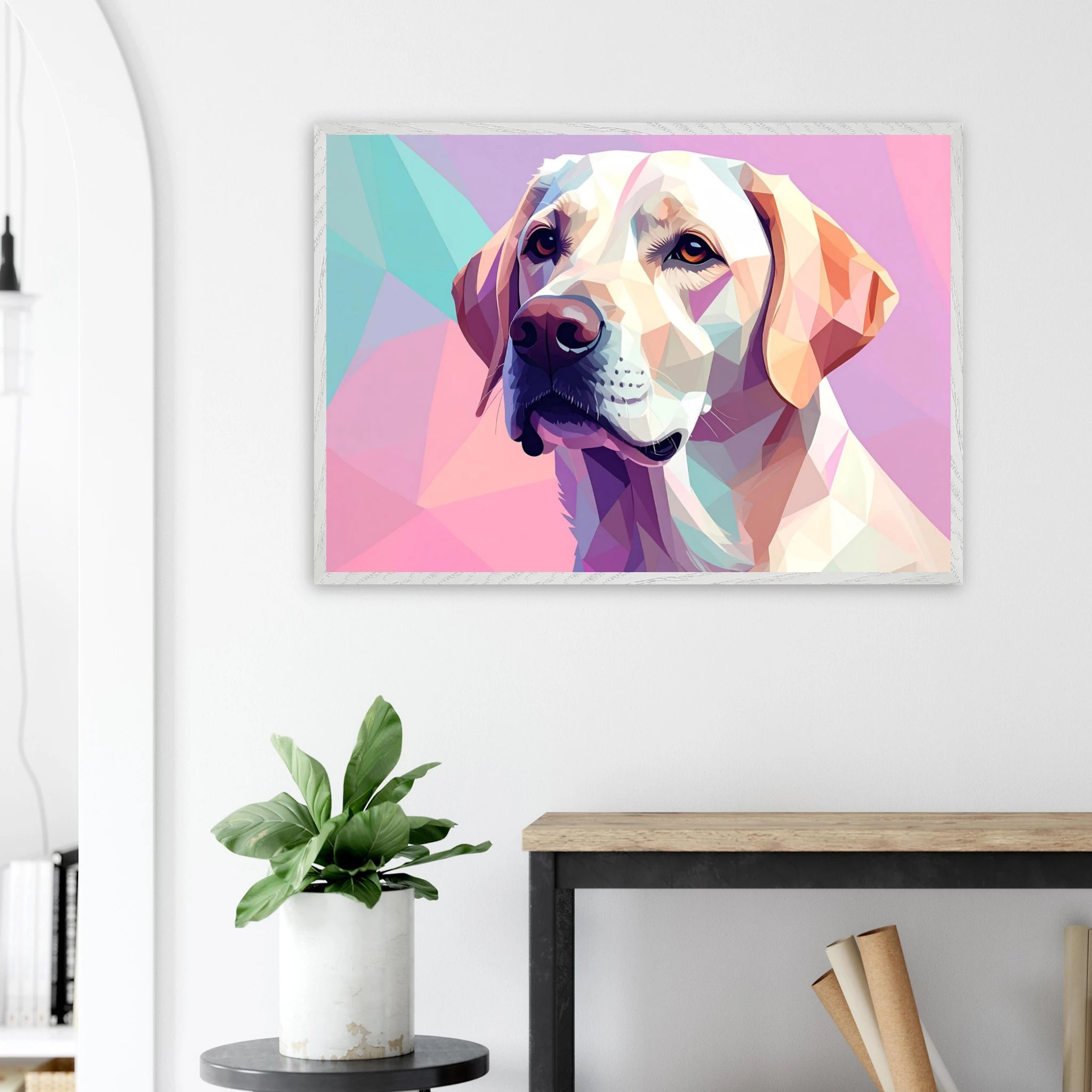 Labrador-Retriever-Portrait im Polygon-Stil: Premium-Poster mit Holzrahmen – Lebendige Farben-petllective