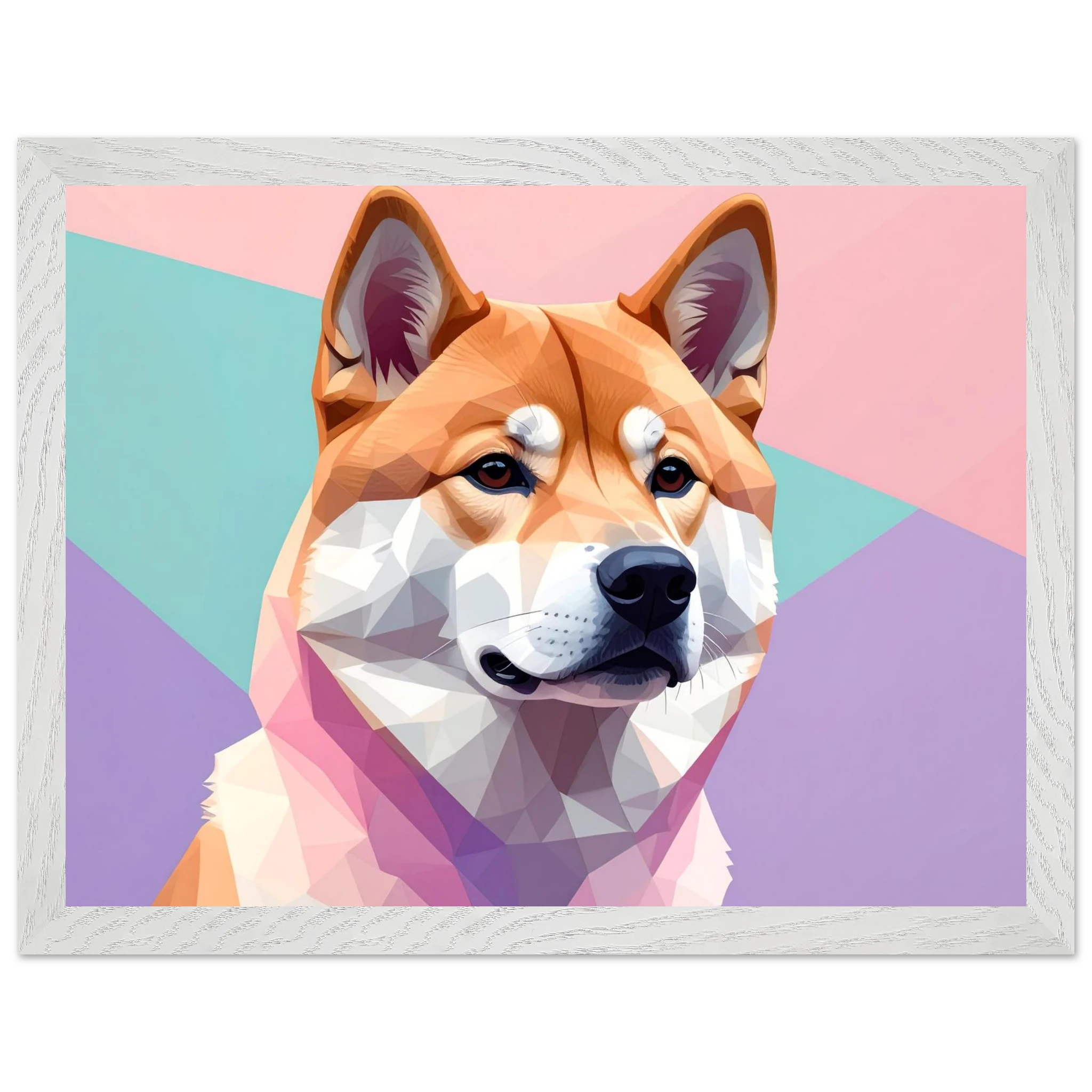 Abstrakter Shiba Inu: Gerahmtes Premium-Poster mit lebendigen geometrischen Formen in Pastellfarben-petllective