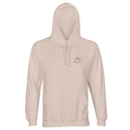 „Unisex Hoodie in Naturweiß mit minimalistischer One-Line Dackel Illustration, frontal auf neutralem Hintergrund“