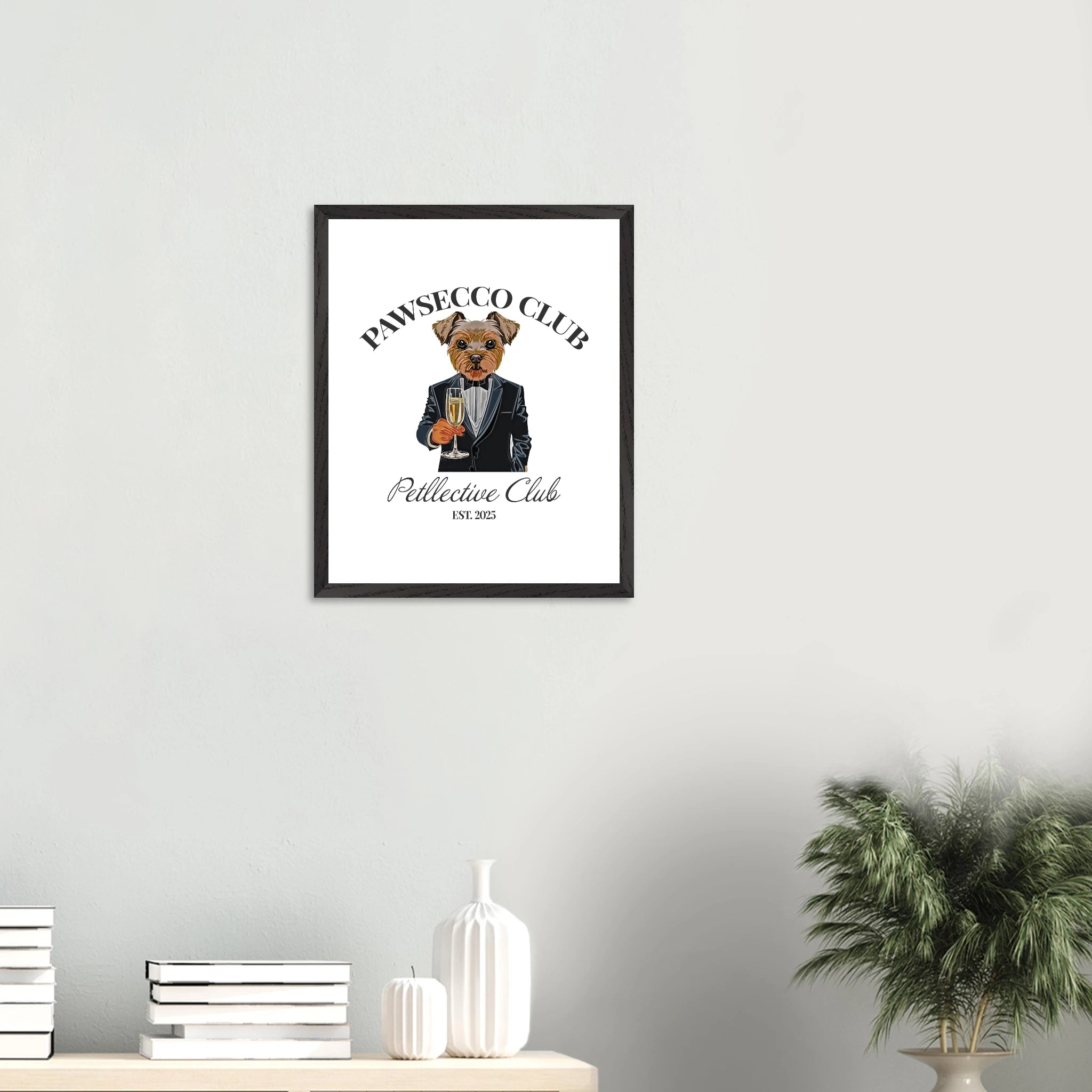 Wandbild Hund „Pawsecco Club“ – Premium Poster mit Holzrahmen-petllective