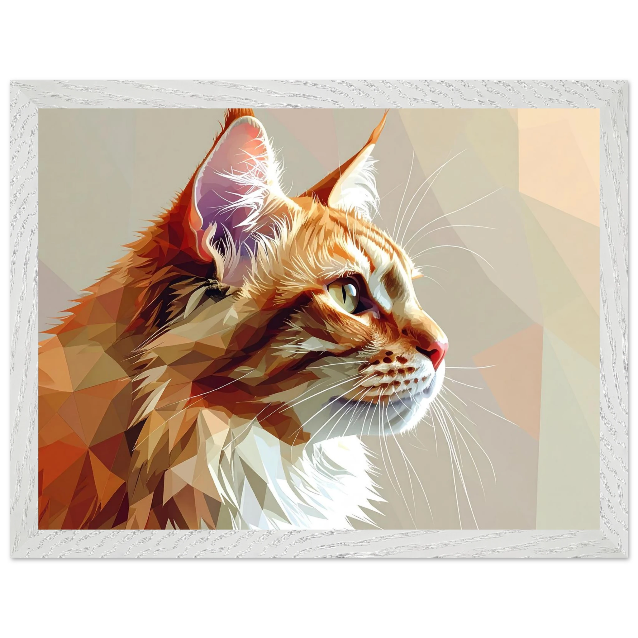 Abstraktes Katzenportrait Premium-Poster mit Rahmen – In orangefarbenem Polygon-Stil, in verschiedenen Größen und Rahmenfarben erhältlich-petllective