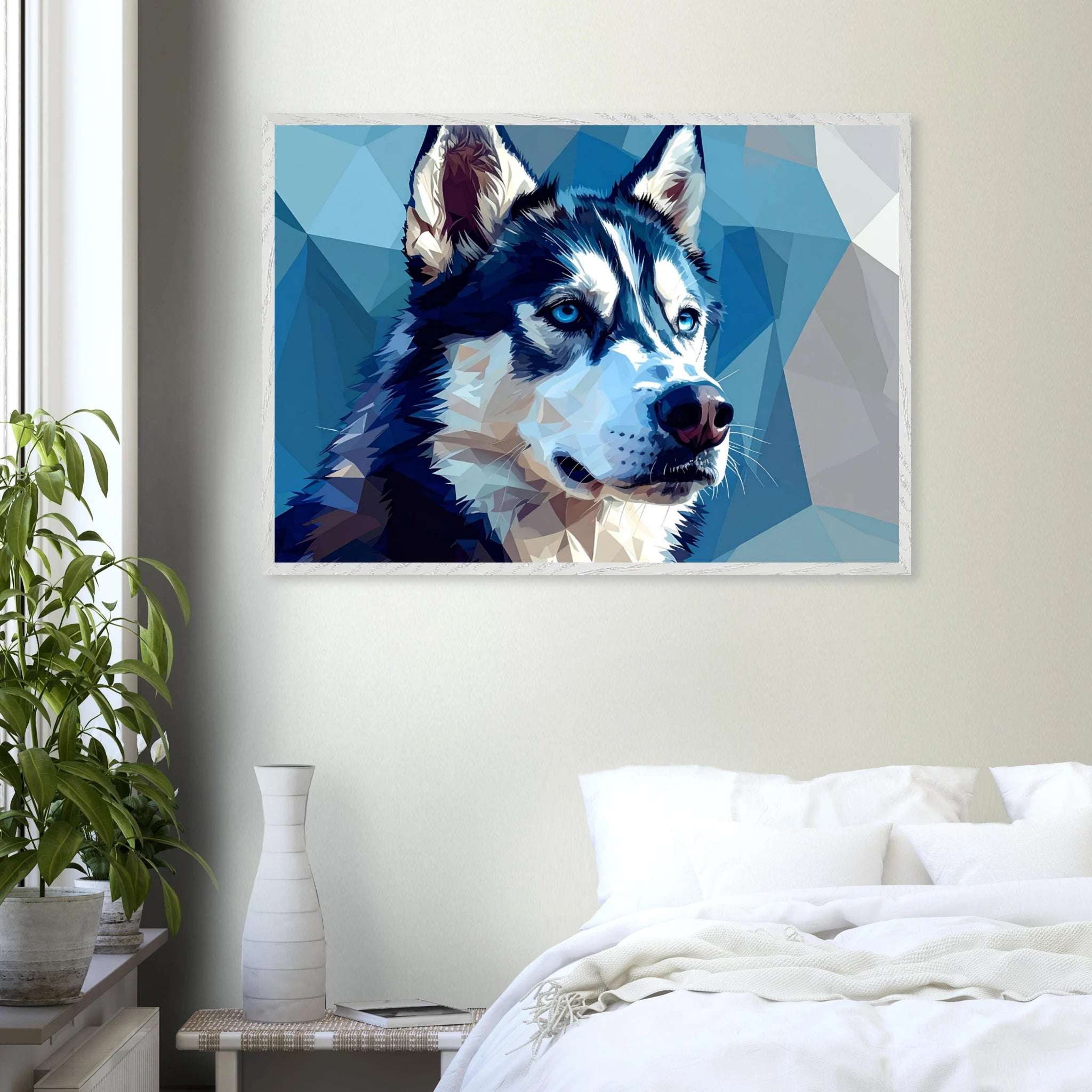 Abstrakter Husky: Premium-Poster mit Rahmen – Leuchtende Augen im geometrischen Design-petllective