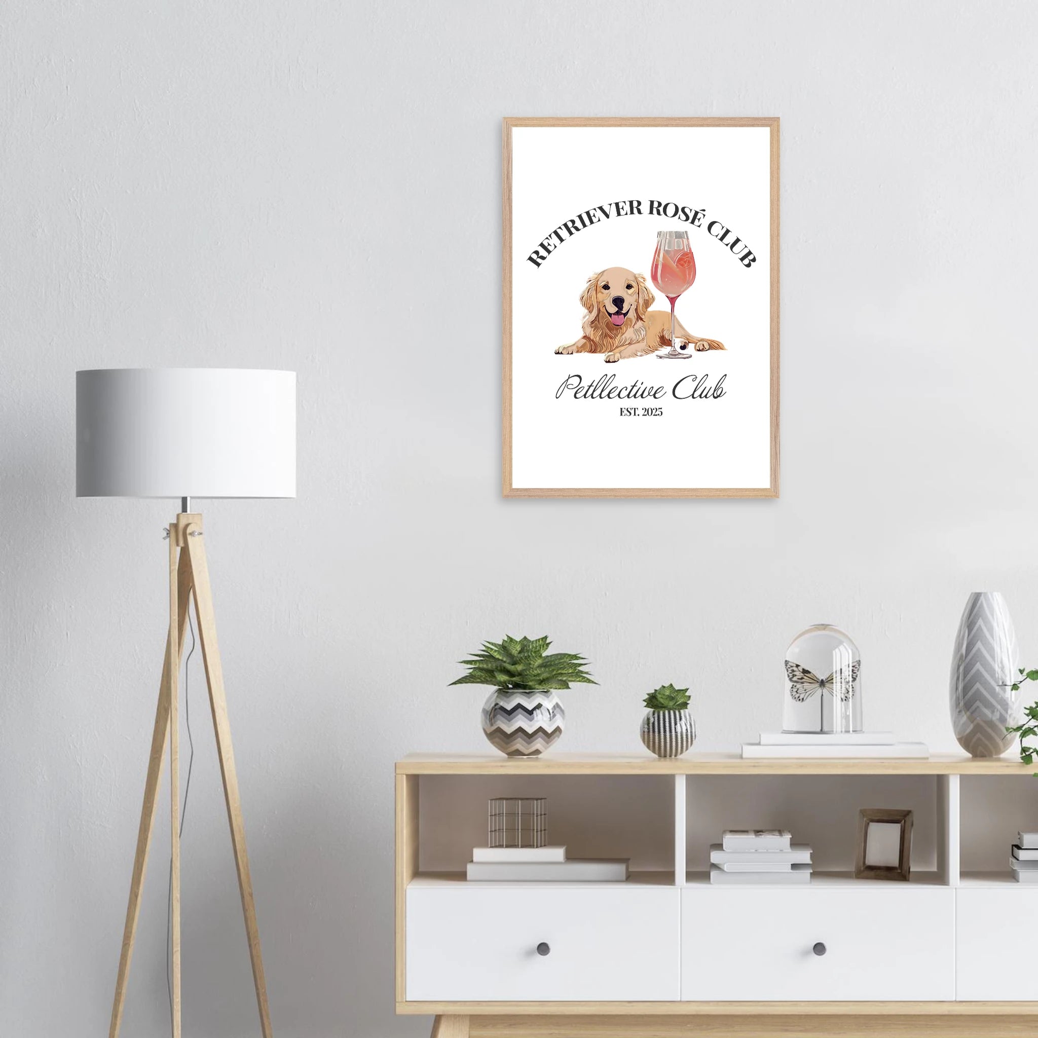 Retriever Rosé Club Wandbild – Hund Illustration im Premium Holzrahmen-petllective