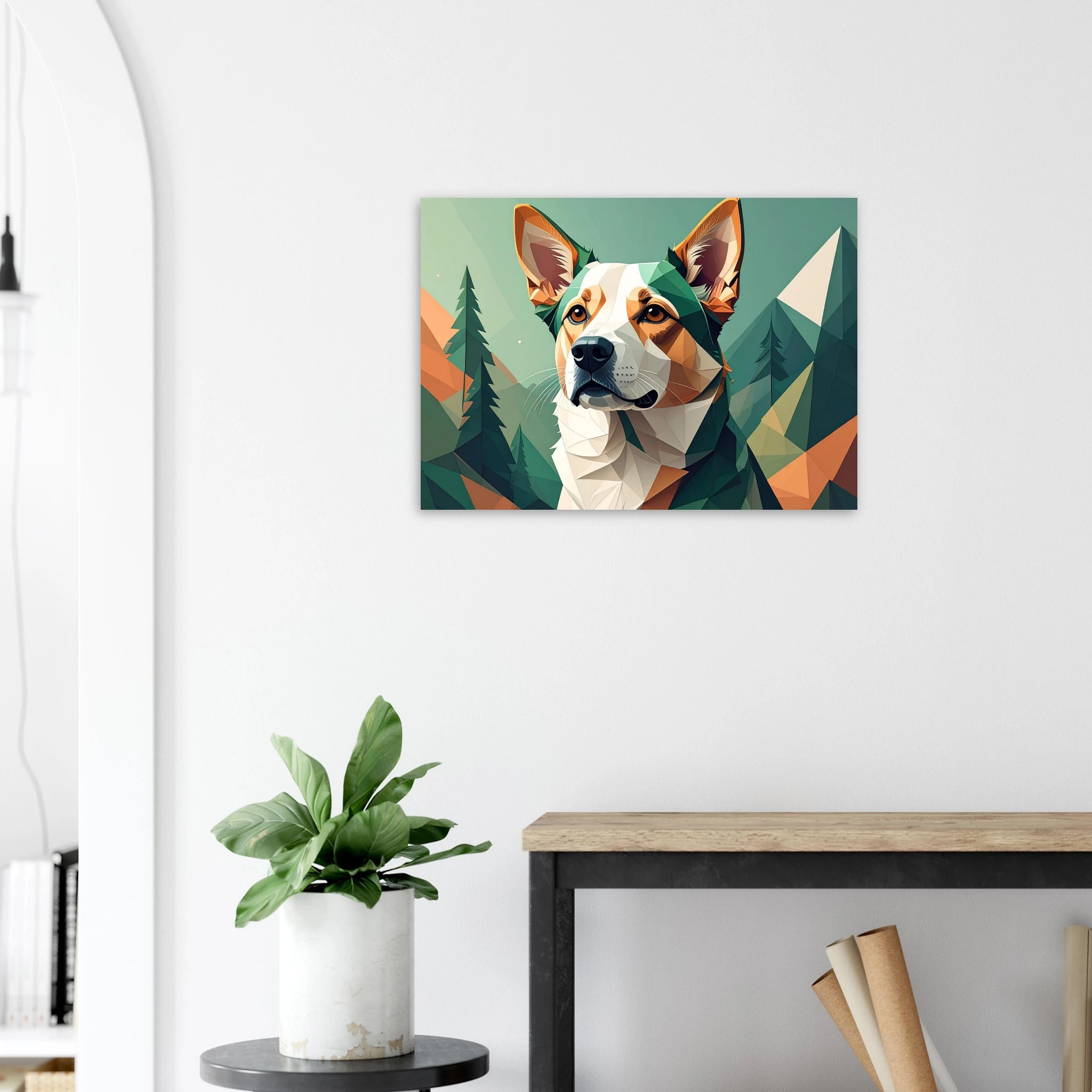 Hund mit Bergpanorama Kunstdruck Wandbild – Geometrische Tierkunst-petllective