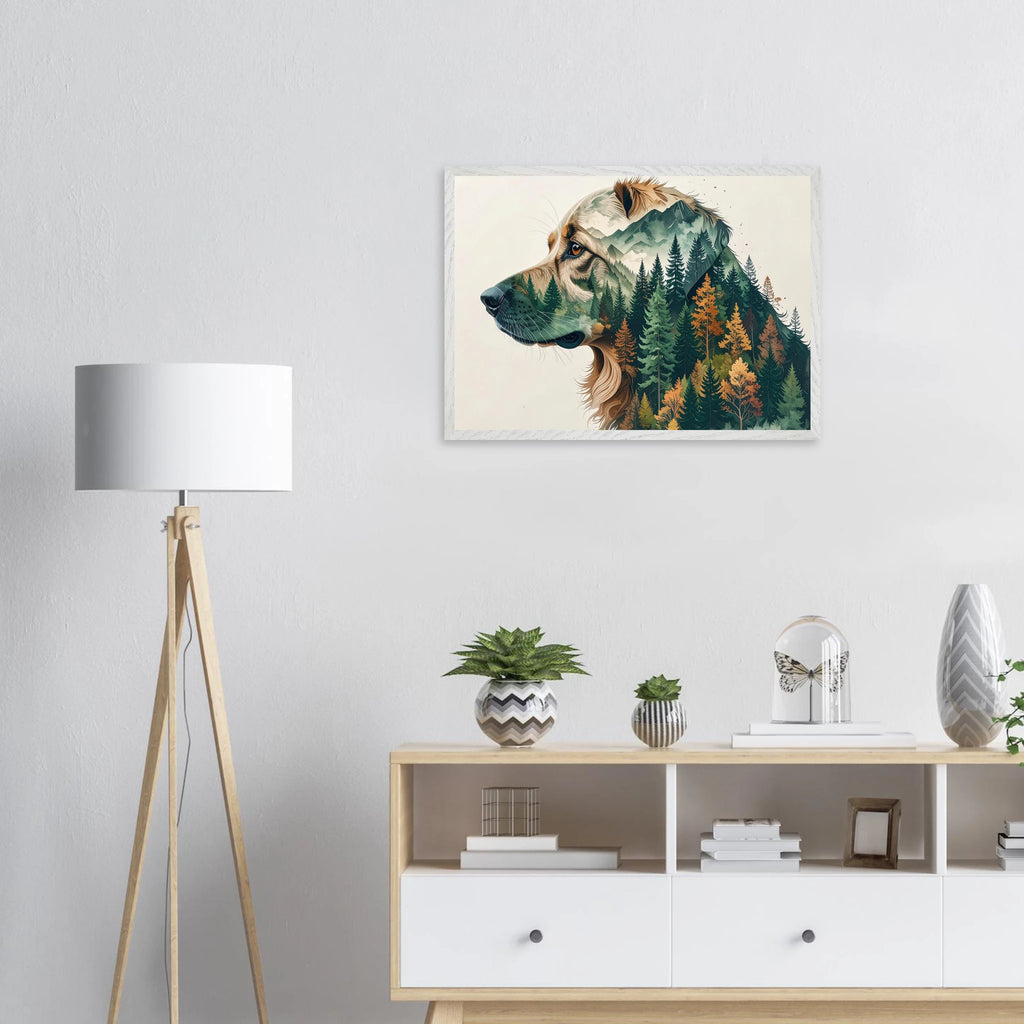 Hund Wald & Berge Wandbild – Premium Poster mit Rahmen-petllective