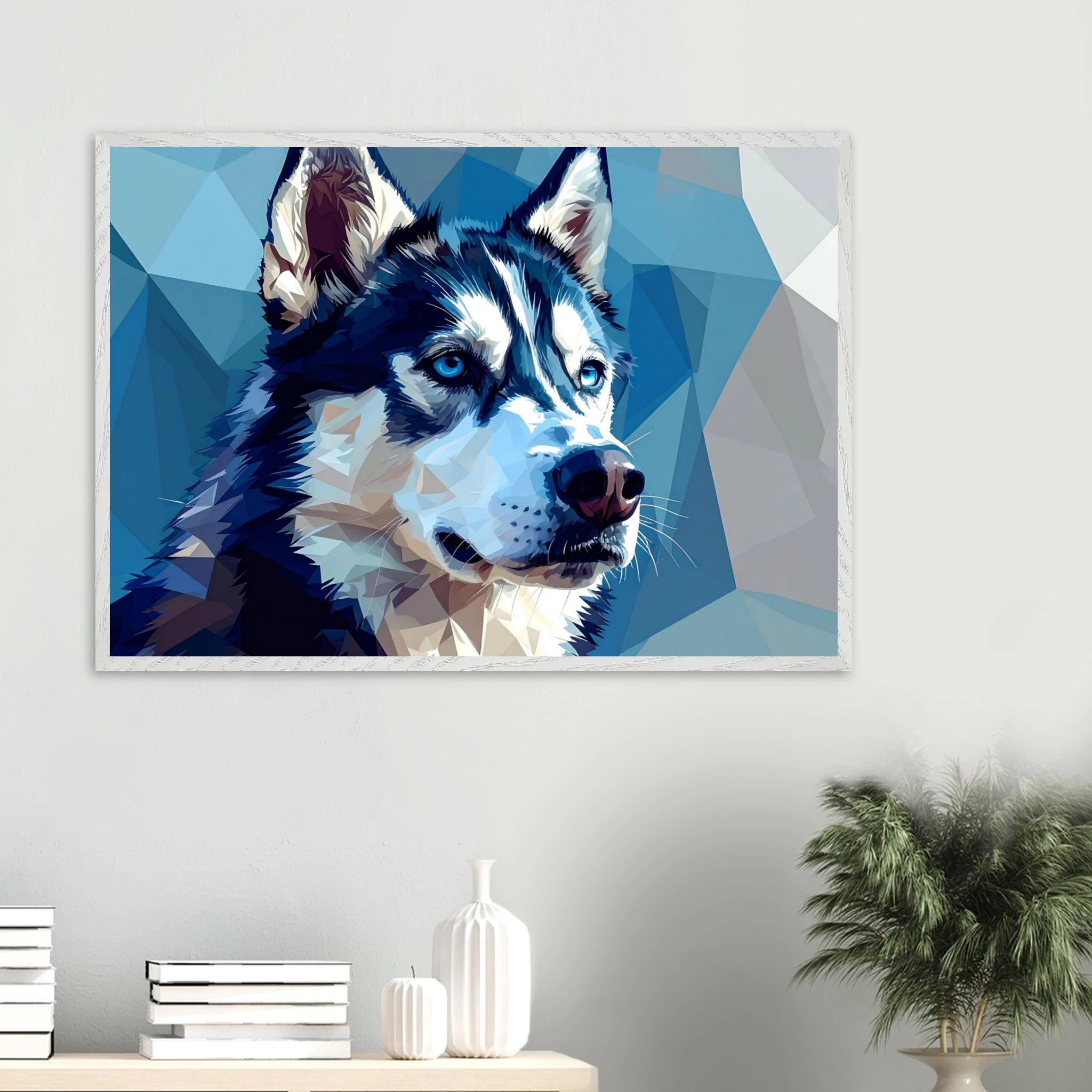 Abstrakter Husky: Premium-Poster mit Rahmen – Leuchtende Augen im geometrischen Design-petllective
