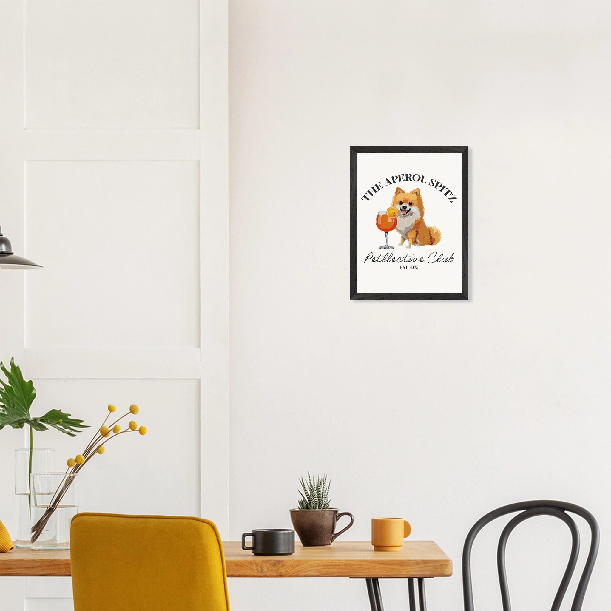 Wandbild Hund Illustration „Aperol Spitz“ – Premium Poster im Holzrahmen-petllective