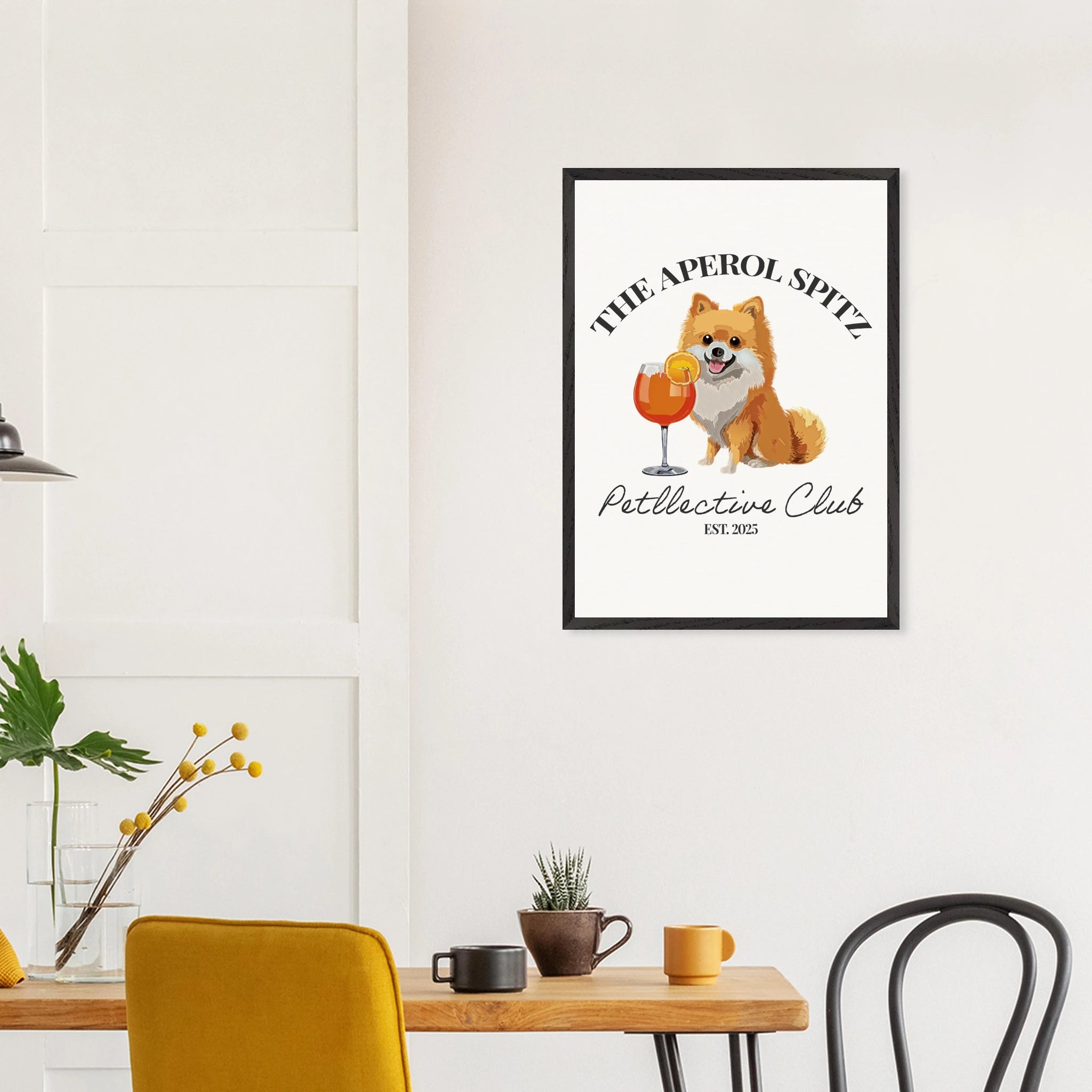 Wandbild Hund Illustration „Aperol Spitz“ – Premium Poster im Holzrahmen-petllective
