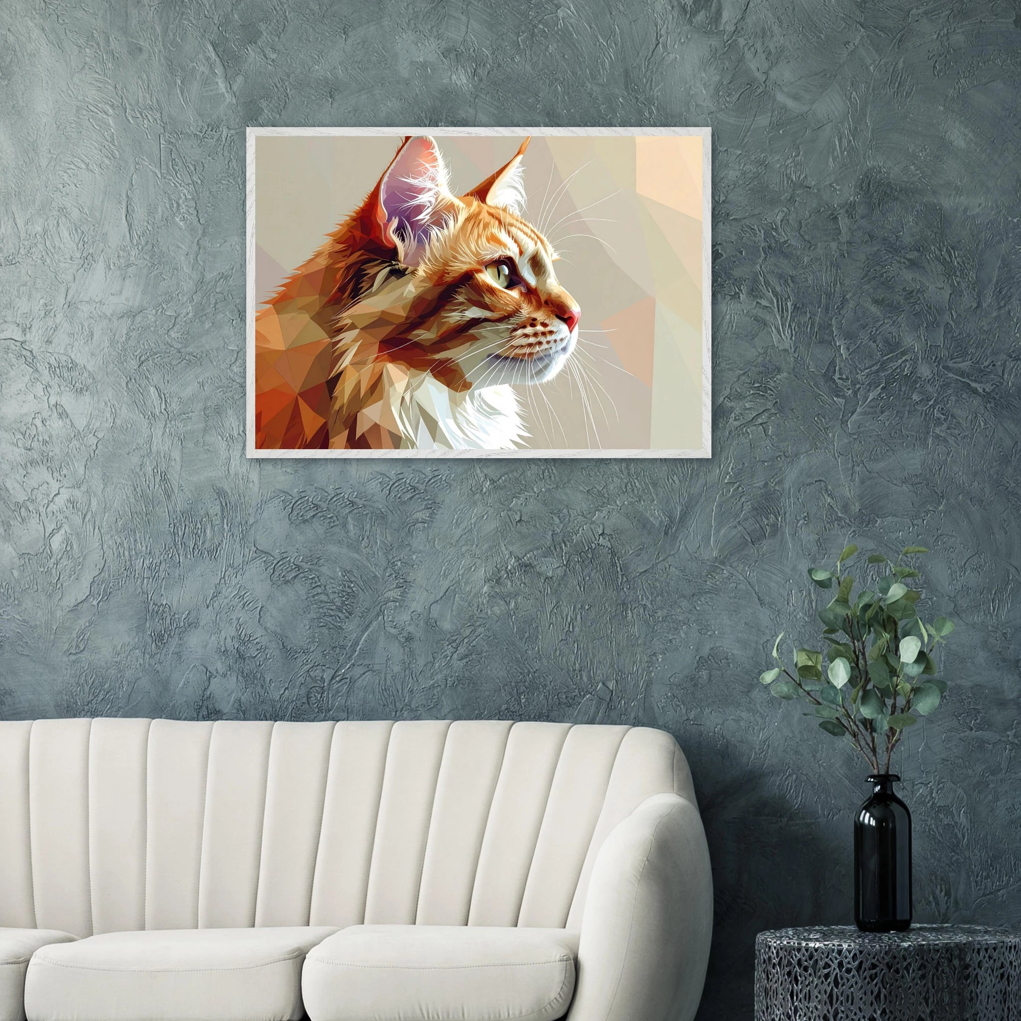 Abstraktes Katzenportrait Premium-Poster mit Rahmen – In orangefarbenem Polygon-Stil, in verschiedenen Größen und Rahmenfarben erhältlich-petllective