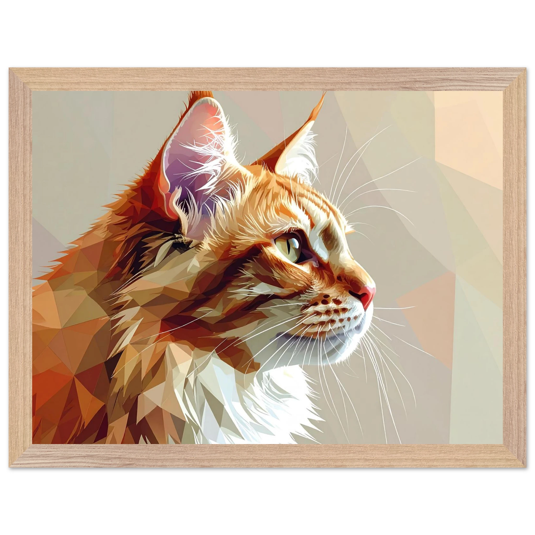 Abstraktes Katzenportrait Premium-Poster mit Rahmen – In orangefarbenem Polygon-Stil, in verschiedenen Größen und Rahmenfarben erhältlich-petllective