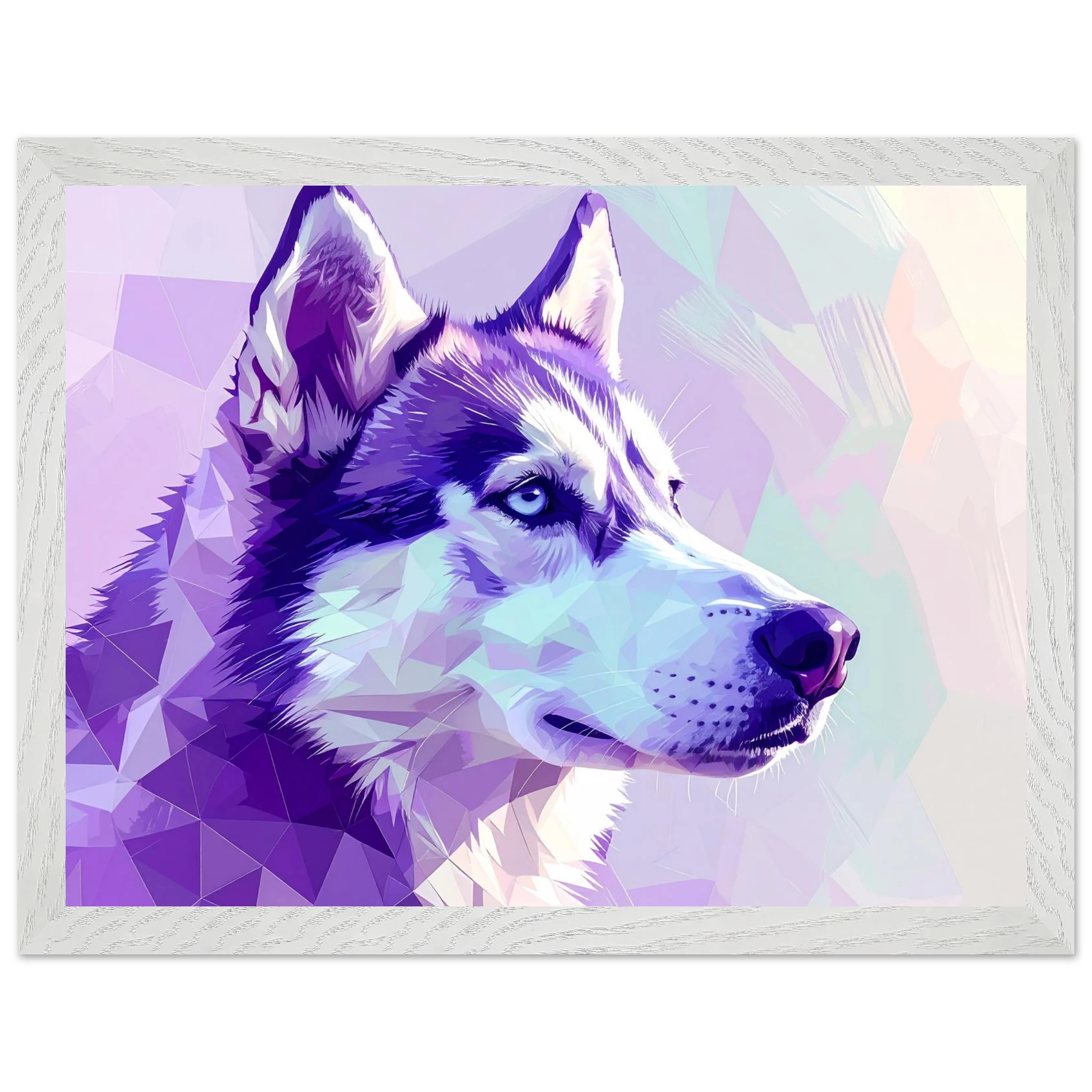 Abstrakter Husky-Portrait-Kunstdruck – Gerahmtes Premium-Poster in faszinierenden Lila-Tönen-petllective