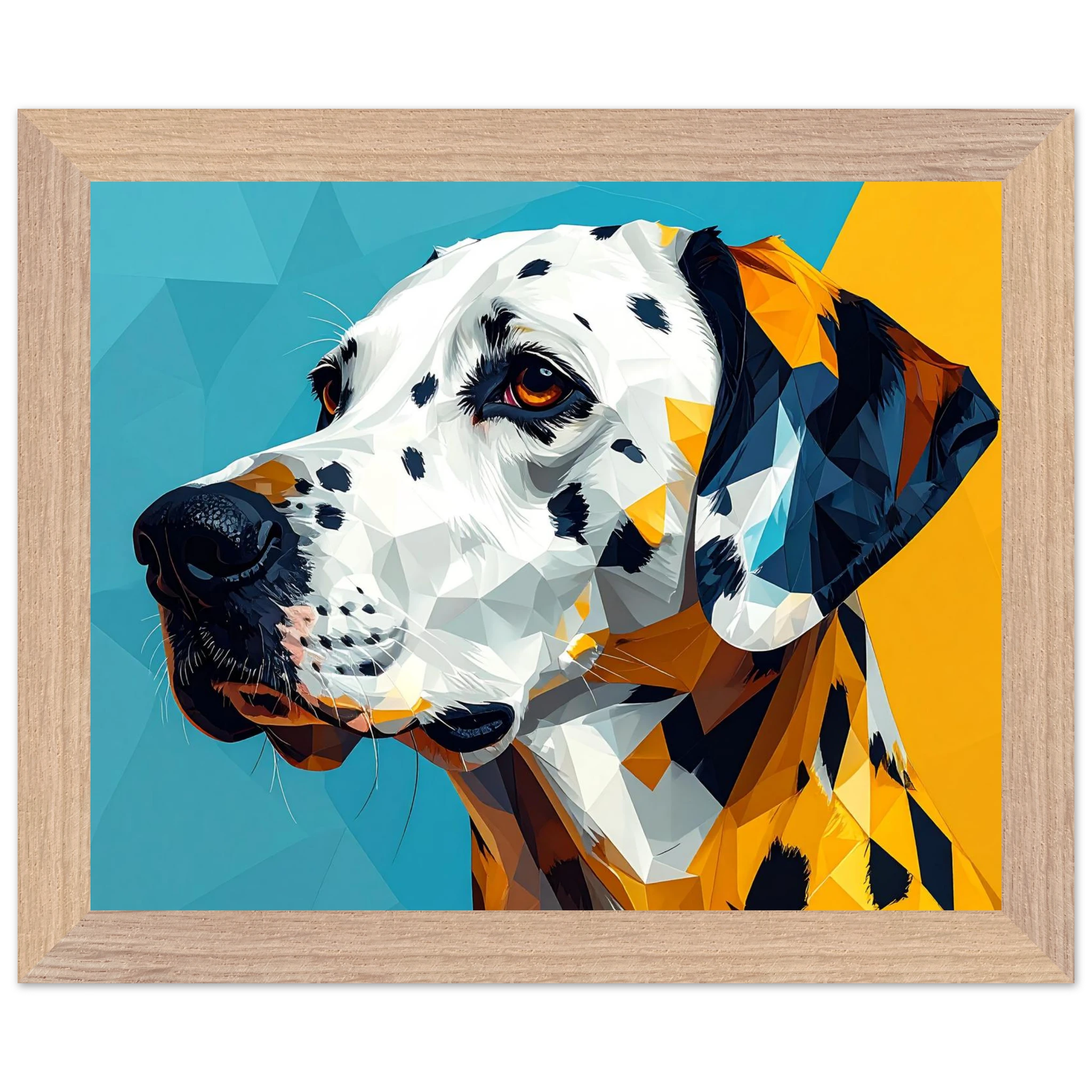 Abstraktes Dalmatiner-Portrait: Gerahmtes Premium-Poster in lebendigem Blau-Gelb-petllective